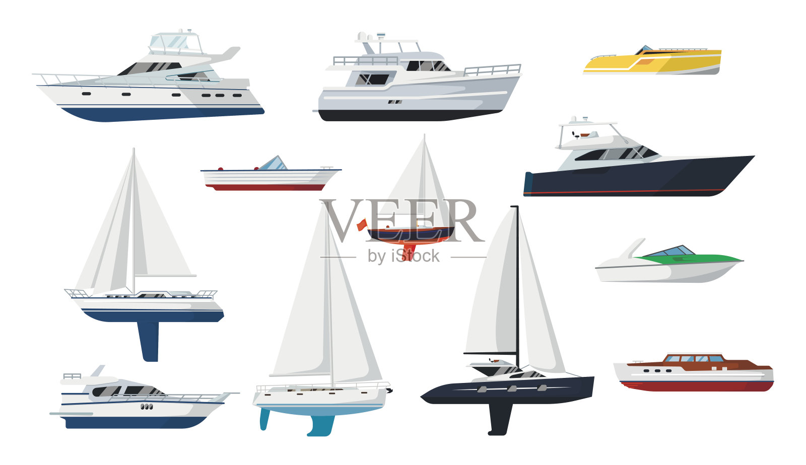 摩托艇和帆船组插画图片素材