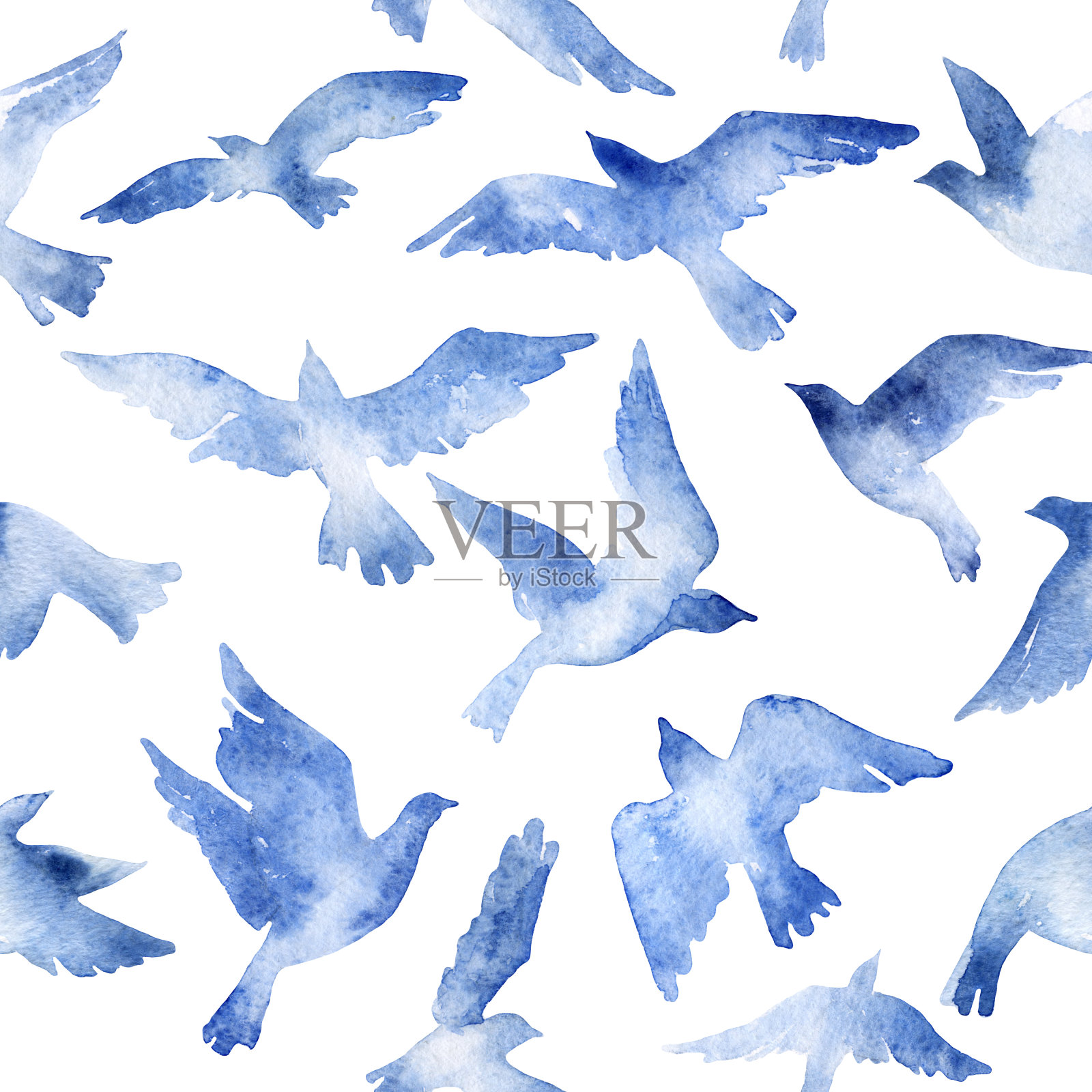 抽象的飞鸟设置与水彩纹理在白色的背景。插画图片素材