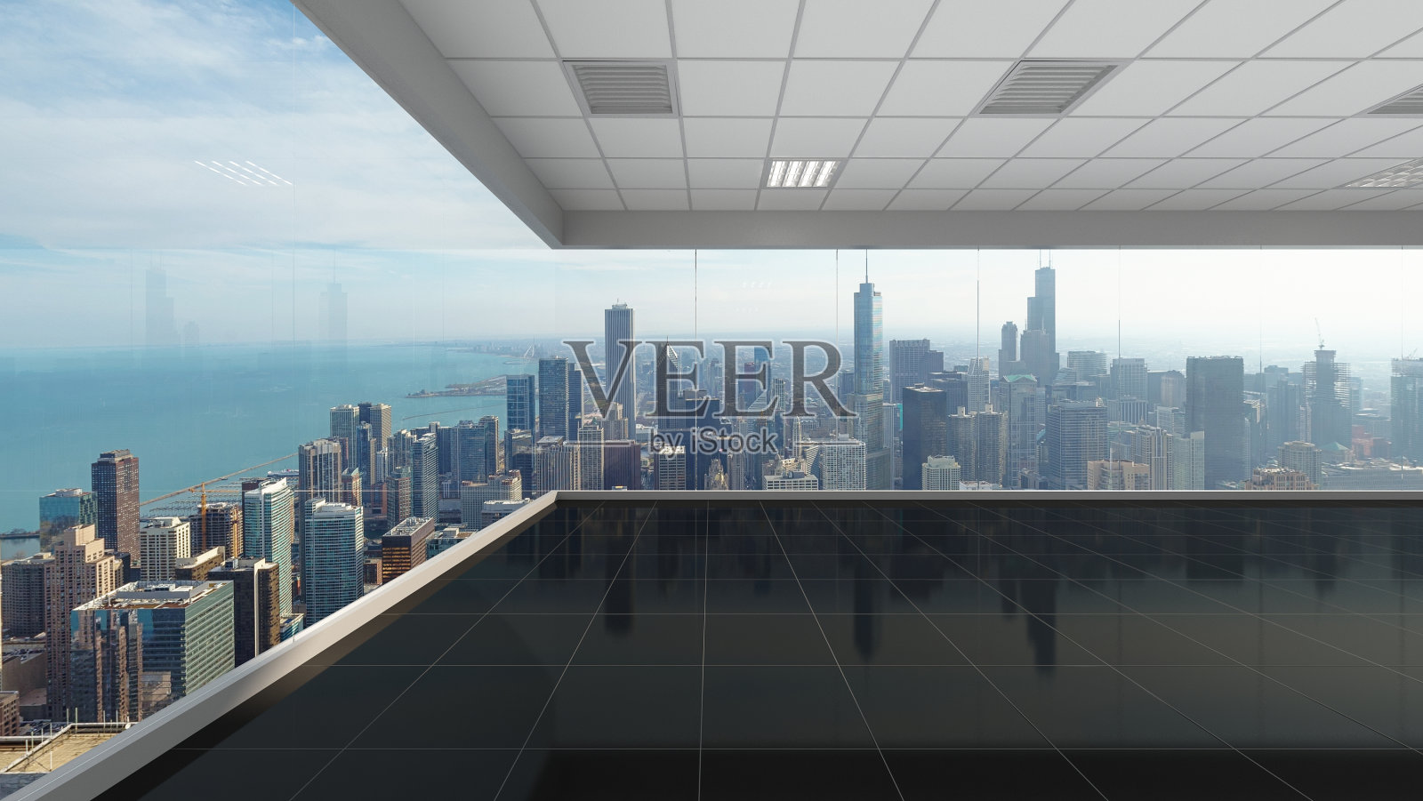 3d渲染空办公室与芝加哥城市背景，室内插图插画图片素材