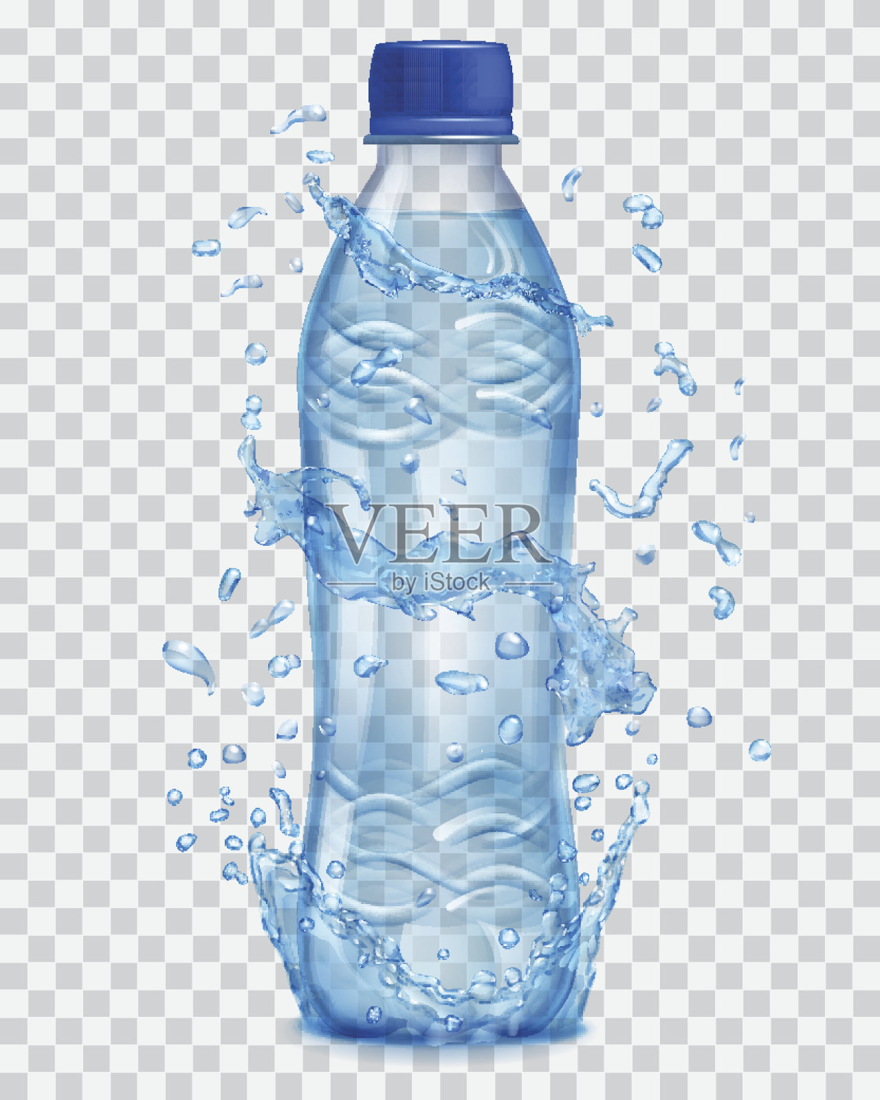 透明的水溅在装有矿泉水的塑料瓶周围插画图片素材