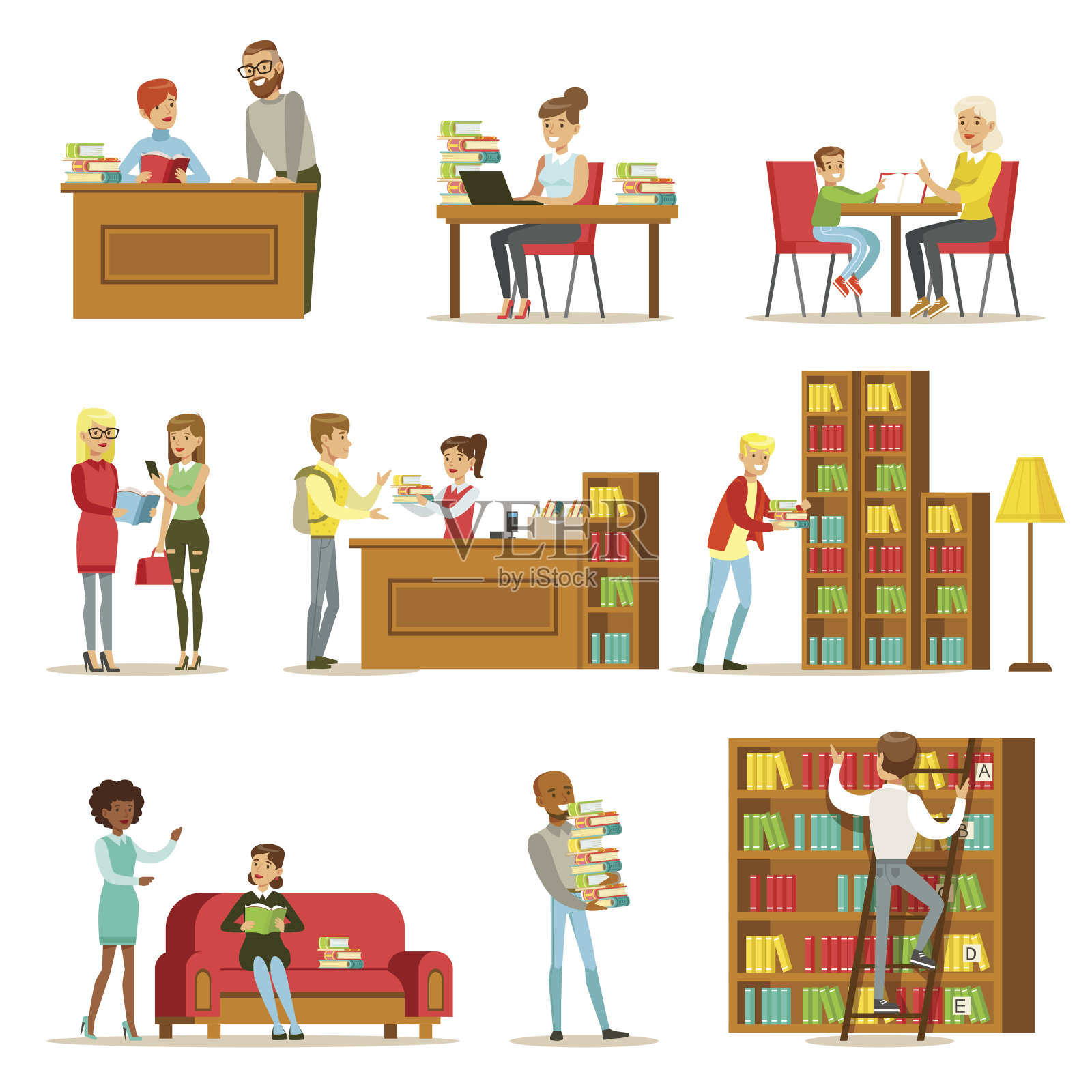 People Talking And Reading Books In Library Set Of插图插画图片素材