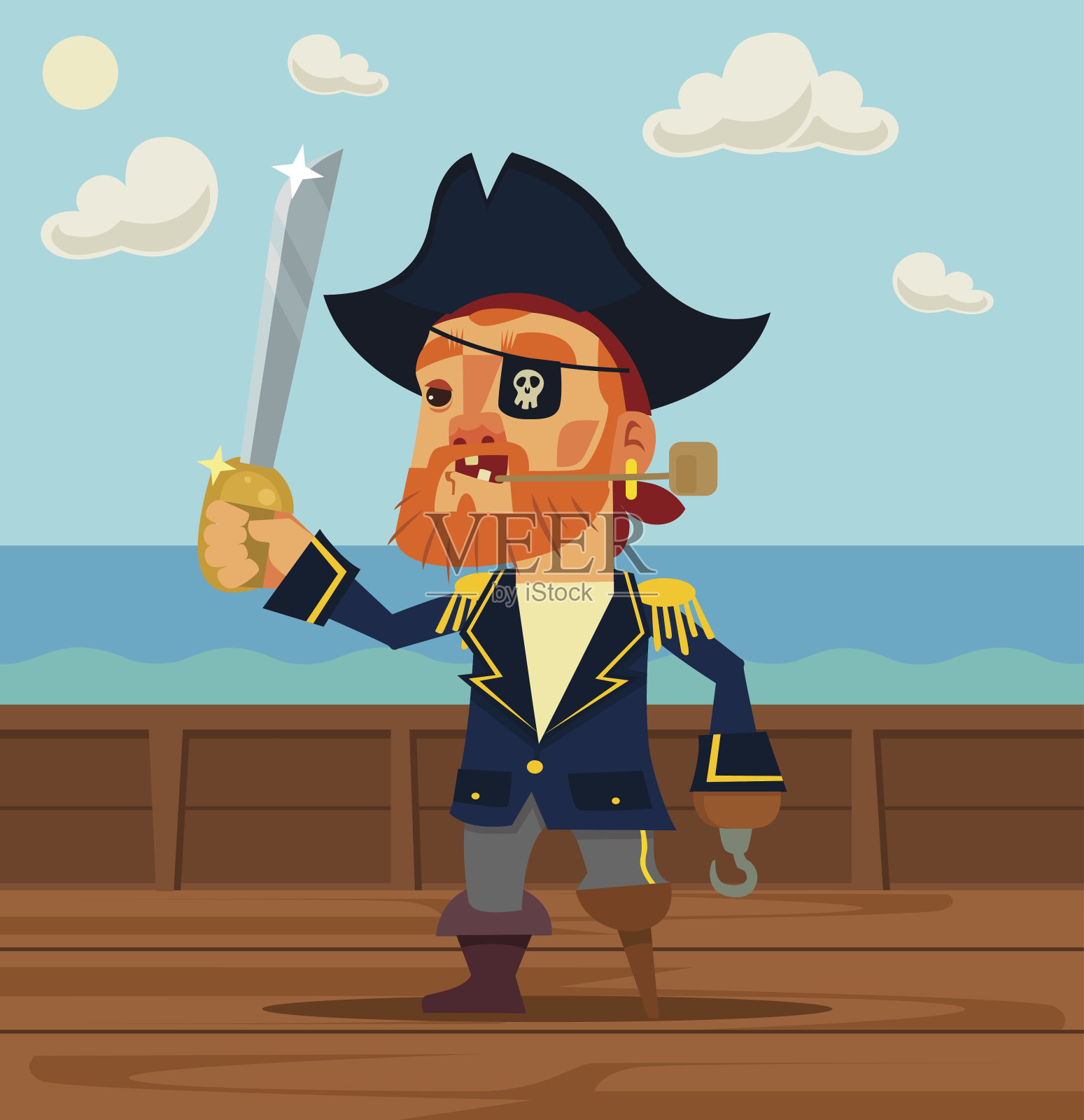 快乐的海盗船长角色。矢量平面卡通插图插画图片素材