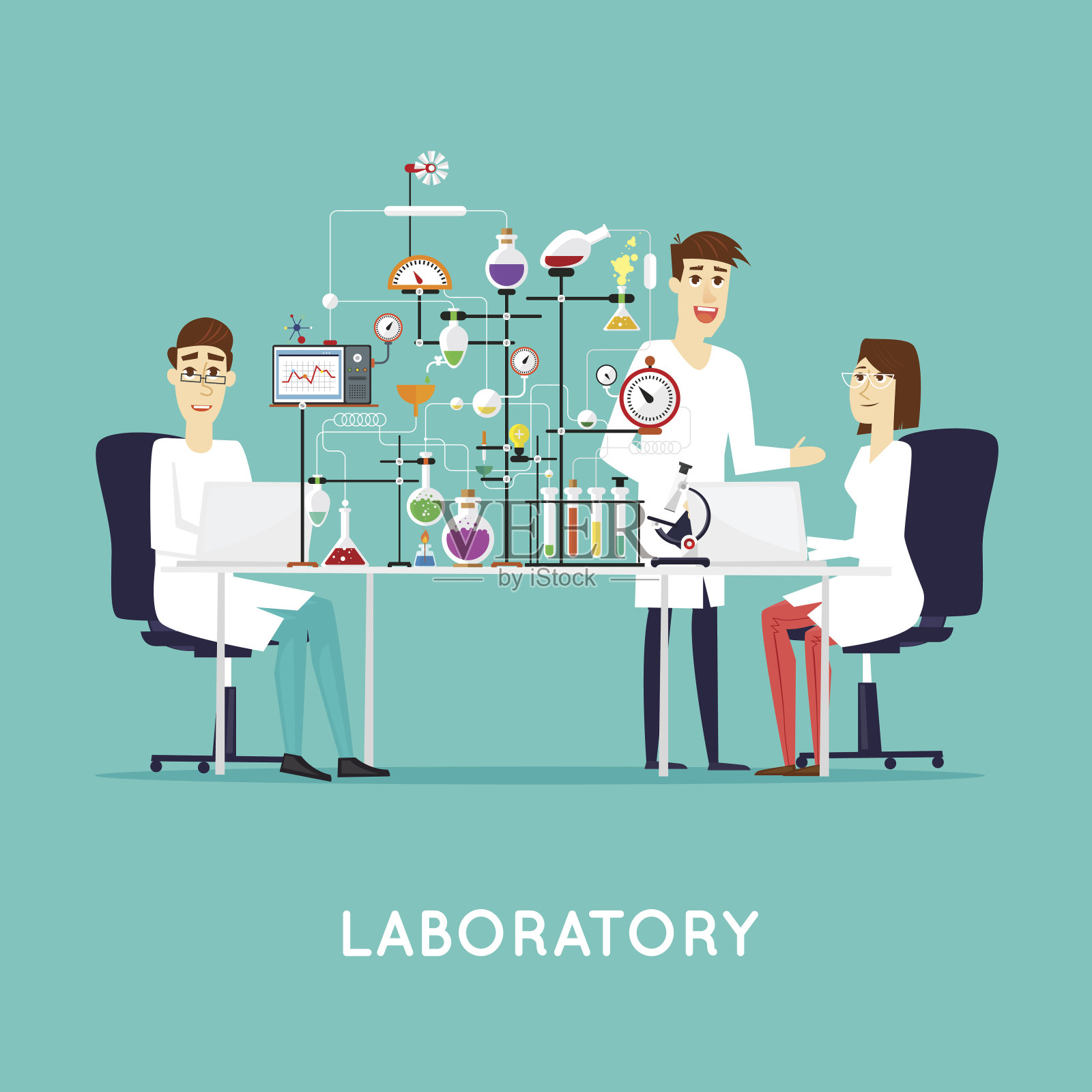 在实验室工作的科学家。工作空间和工作场所。医学实验室。插画图片素材