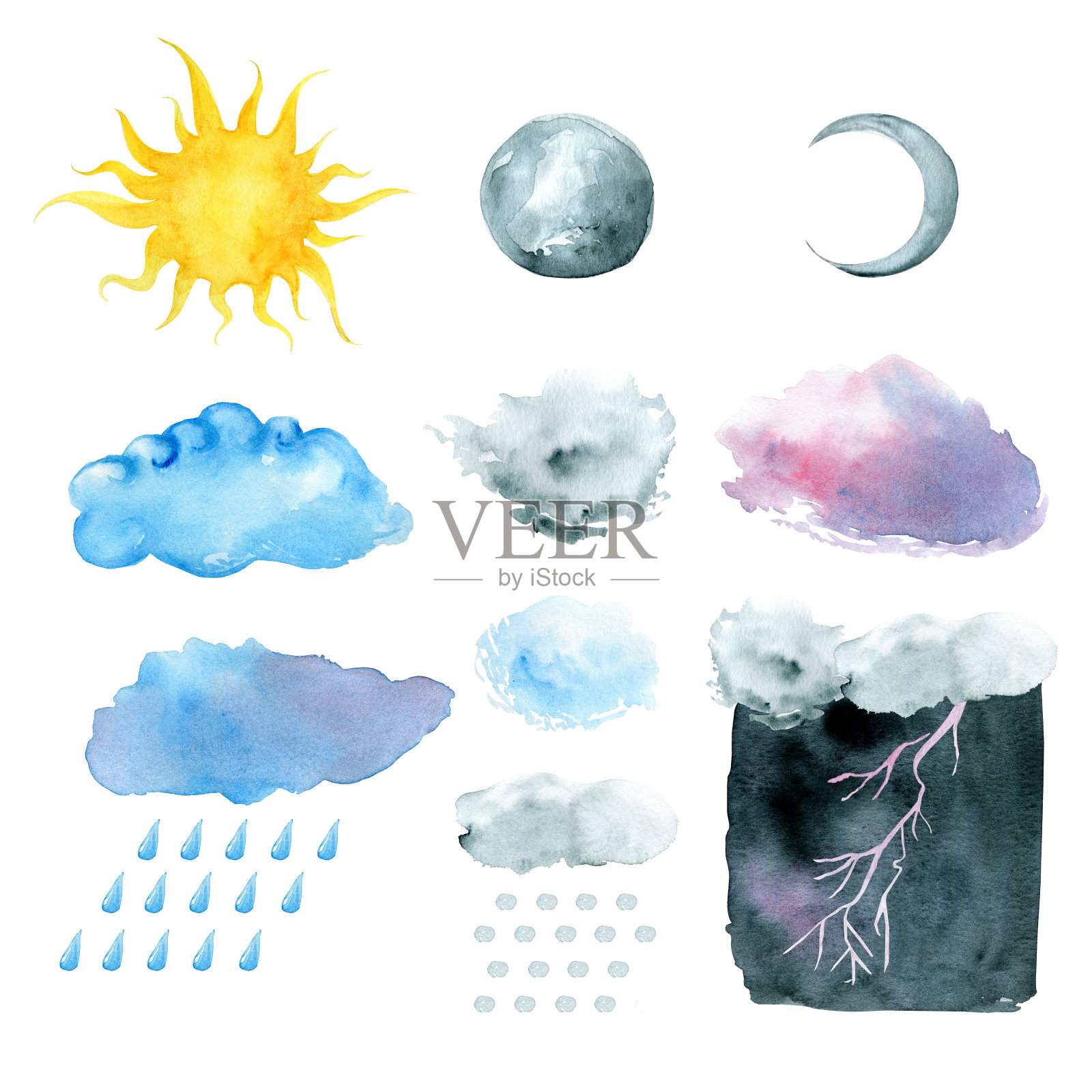 天气符号，水彩手绘插画图片素材