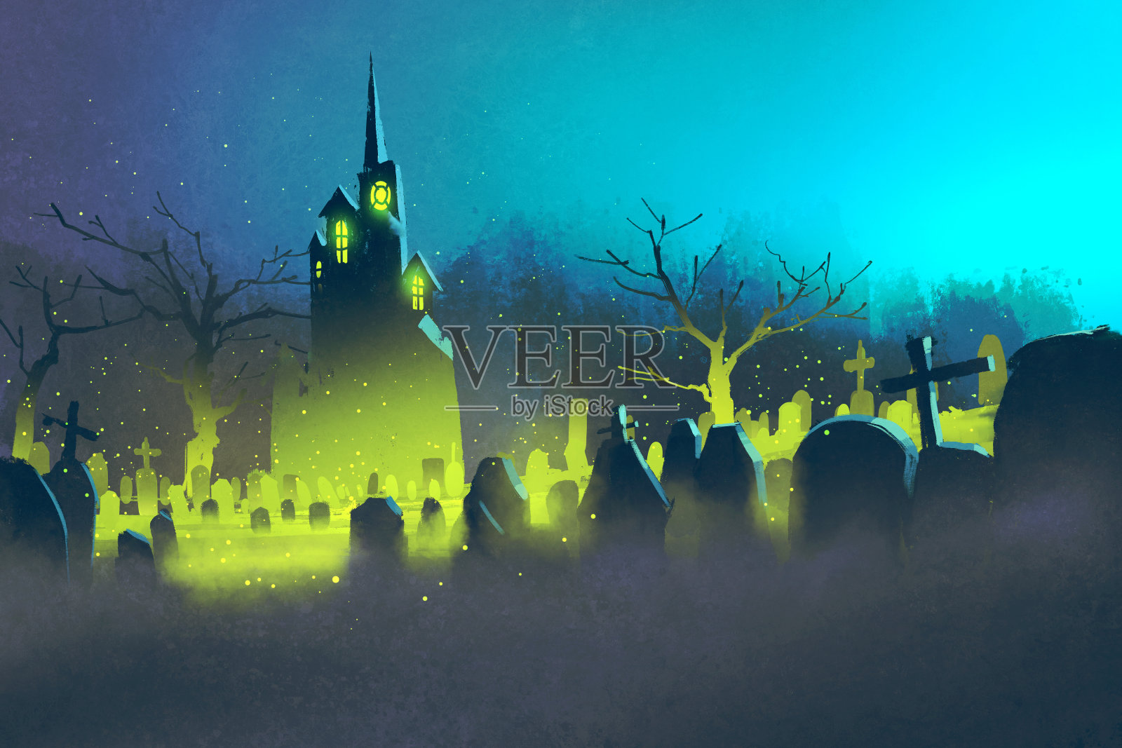 幽灵城堡，万圣节概念，晚上的墓地插画图片素材