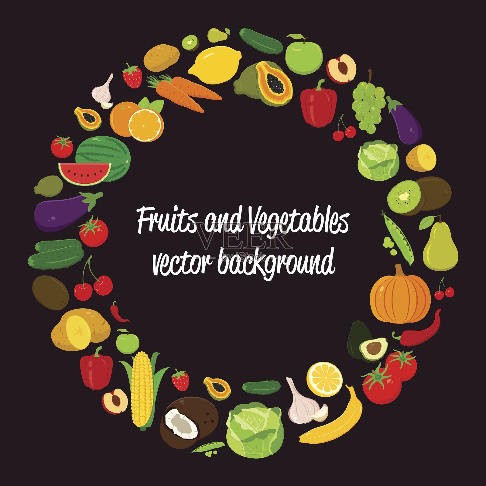 蔬菜矢量圈背景。水果和蔬菜图标。插画图片素材