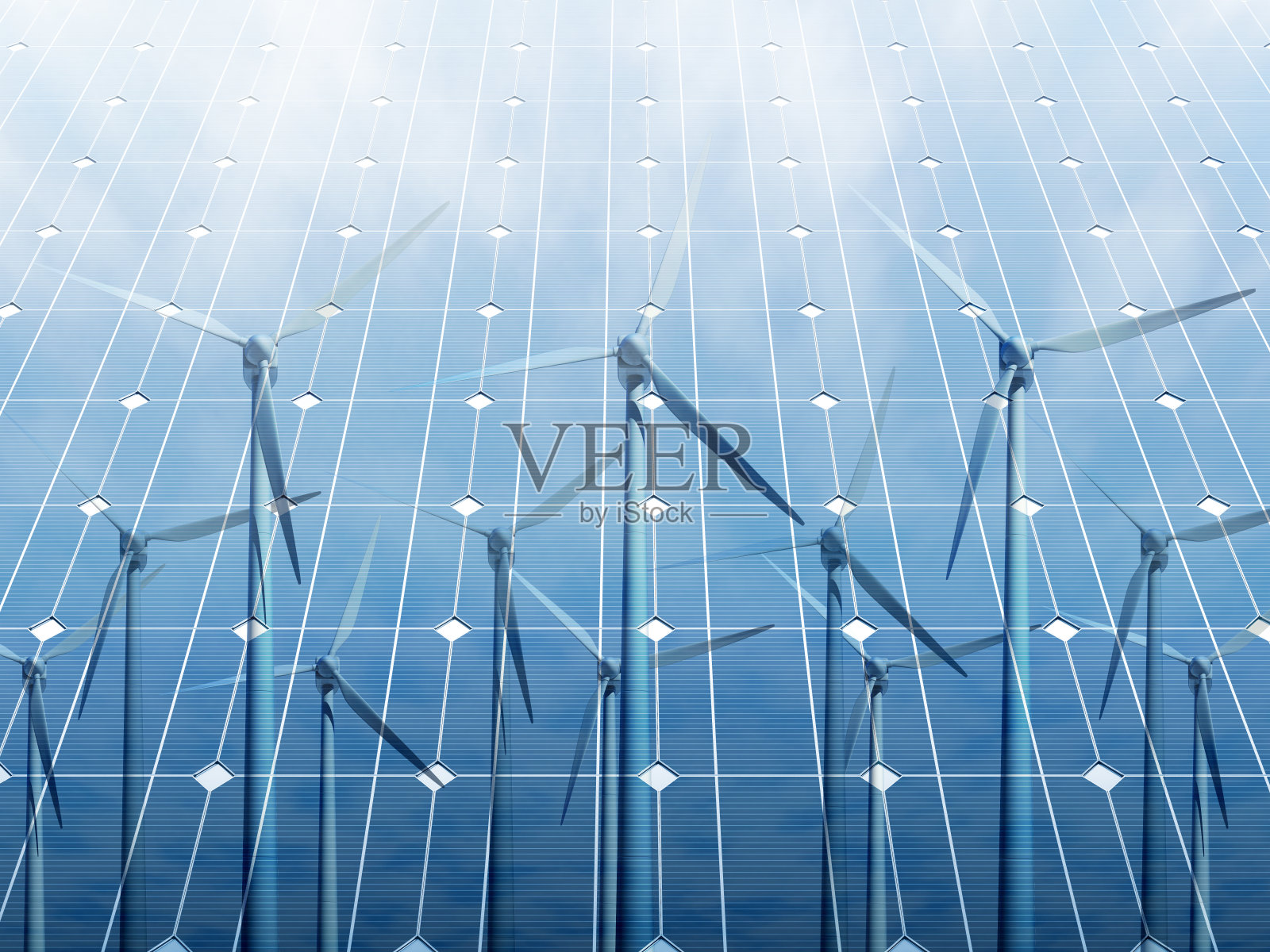 风力涡轮机在晴朗的蓝天下反射在太阳能电池板上。可再生能源的概念。插画图片素材