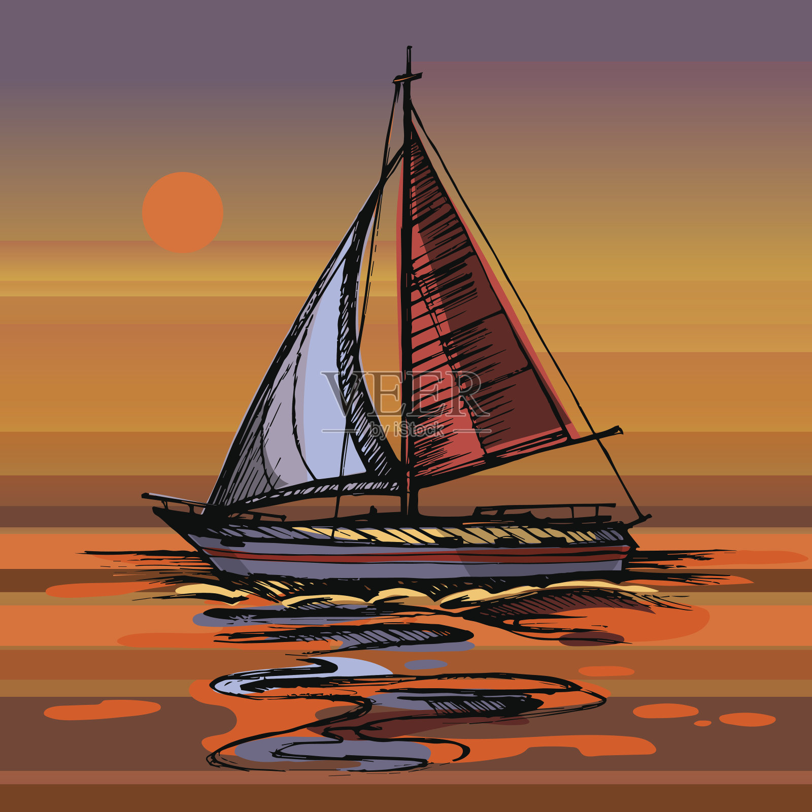 日落海上的游艇漂浮在水面上。插画图片素材