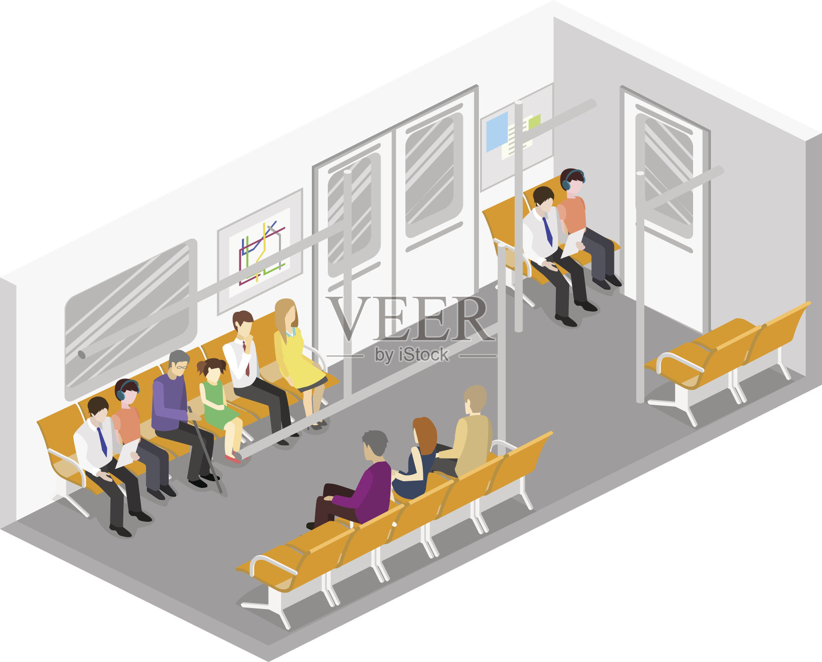 地铁车厢内部的等距平面三维概念向量。插画图片素材
