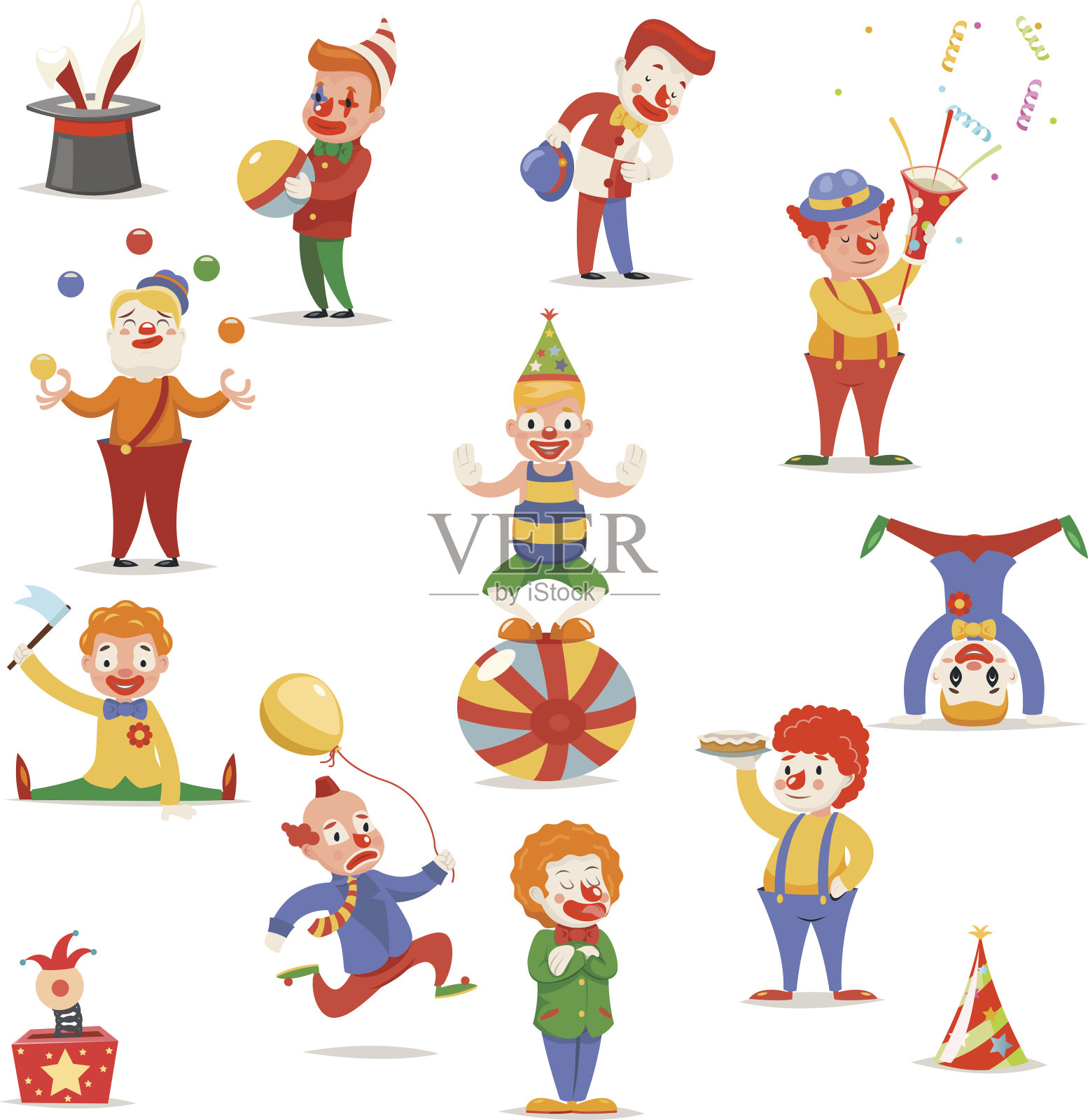 马戏团小丑可爱有趣的不同位置和动作的角色图标设计元素图片