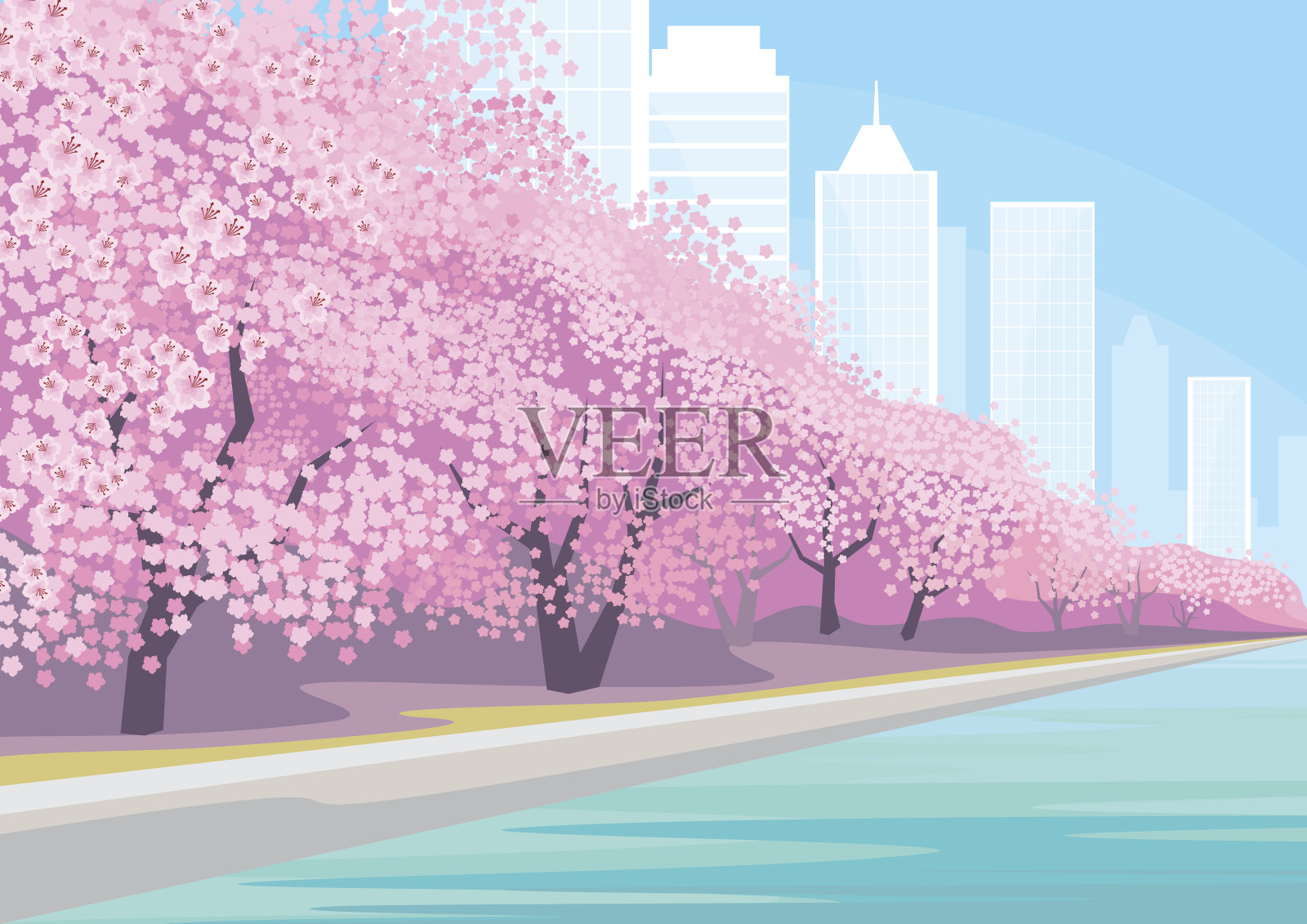 大城市里的樱花插画图片素材