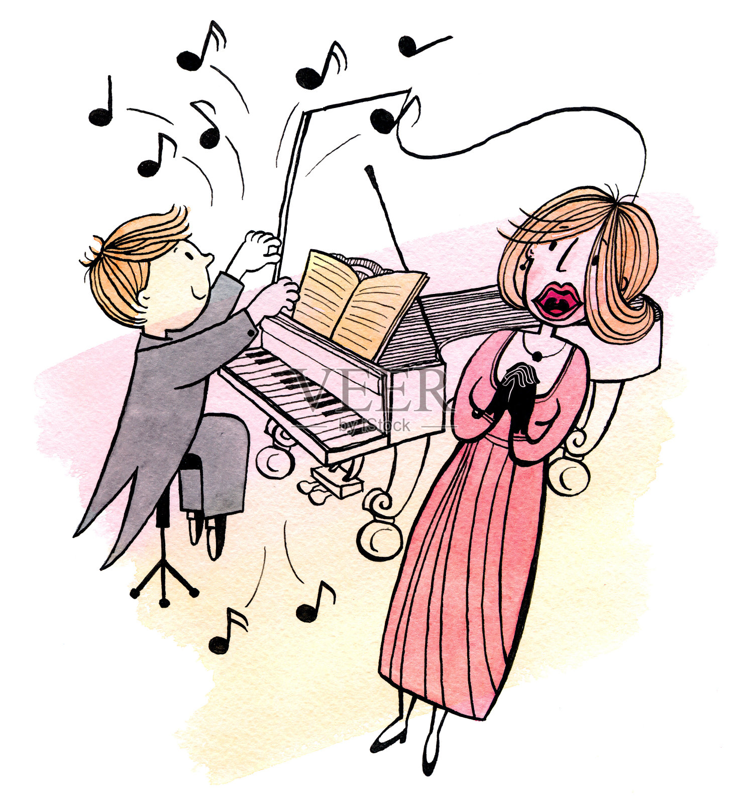 年轻的钢琴家和一个唱歌的女人插画图片素材