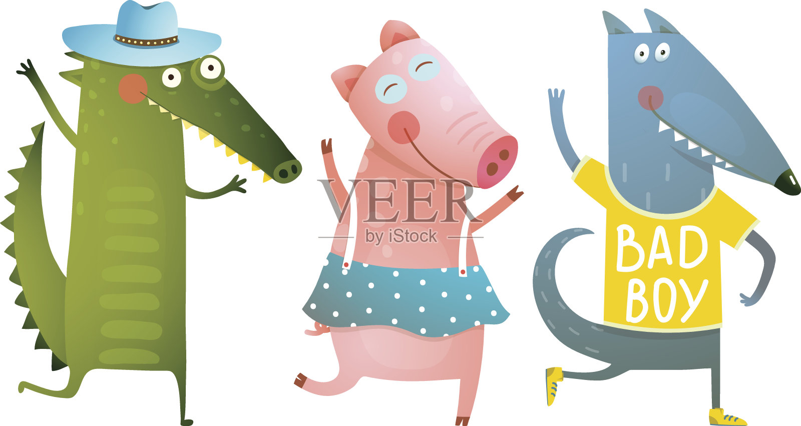 可爱的小动物，鳄鱼，小猪，狼，穿着衣服跳舞插画图片素材
