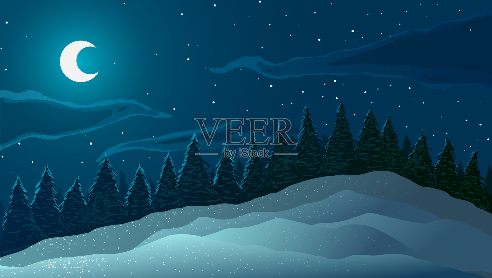 晚上冬季景观。树木，雪堆和月亮。插画图片素材
