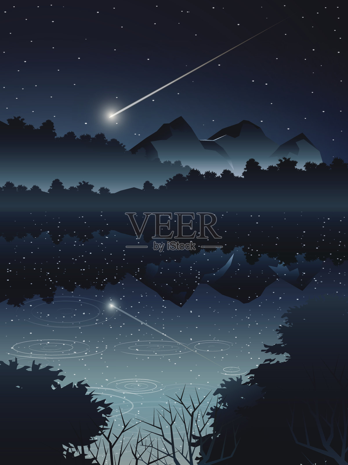 夜晚，彗星越过深邃的森林和河流插画图片素材