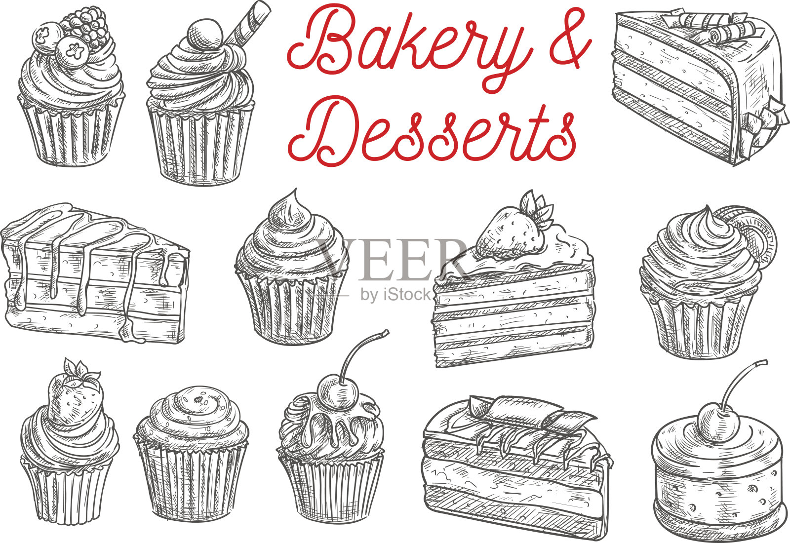 蛋糕，纸杯蛋糕，水果甜点和浆果派素描设计元素图片