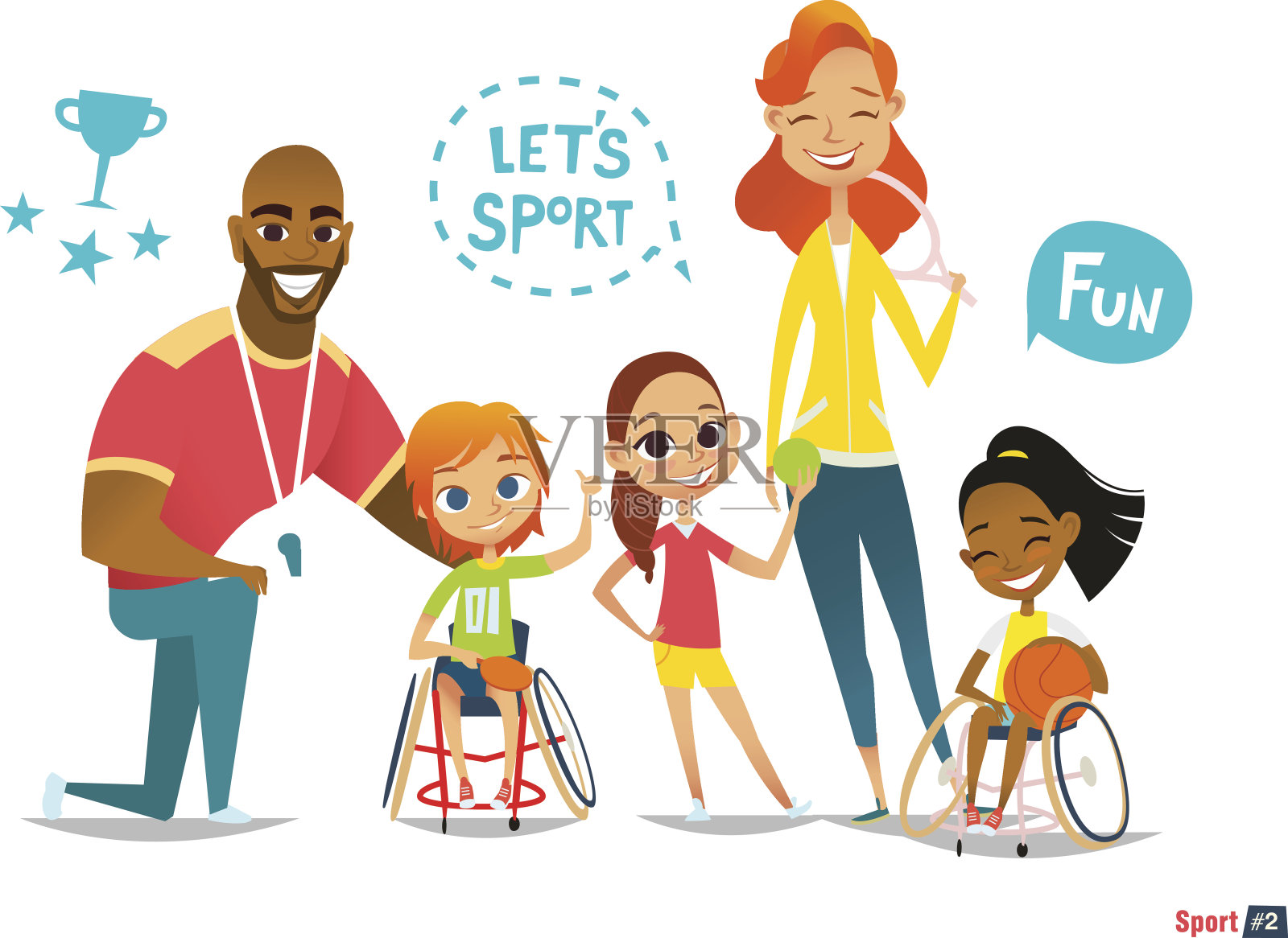 体育的家庭。残疾儿童坐在轮椅上玩球插画图片素材