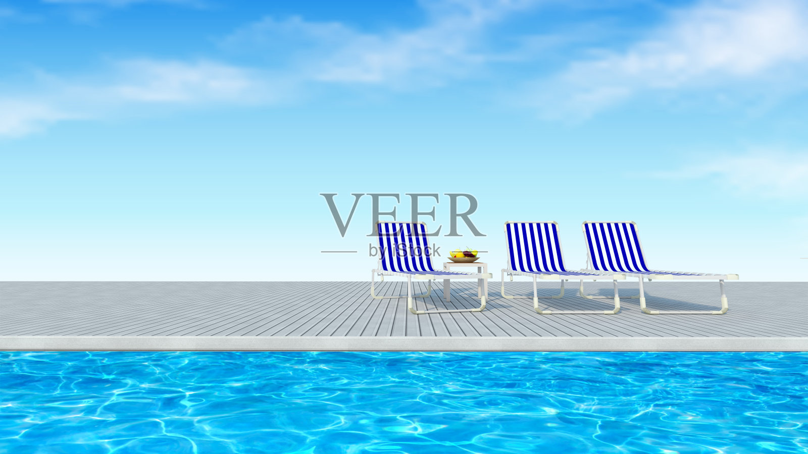 海滩休息室-日光甲板在夏季的海景3d渲染照片摄影图片