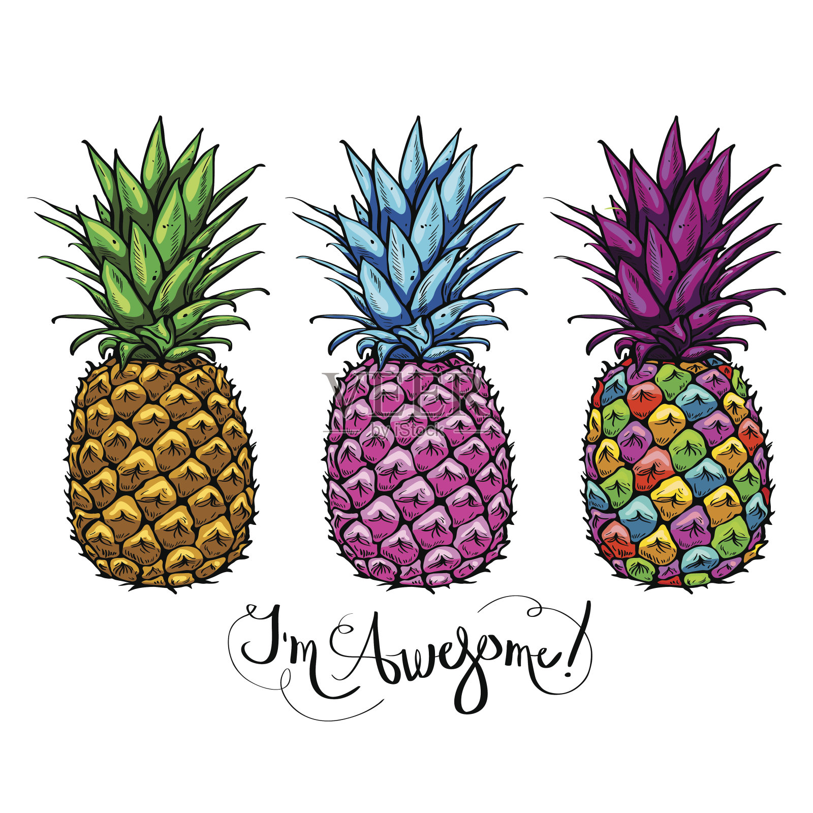 图像与三个五颜六色的菠萝水果字母真棒插画图片素材