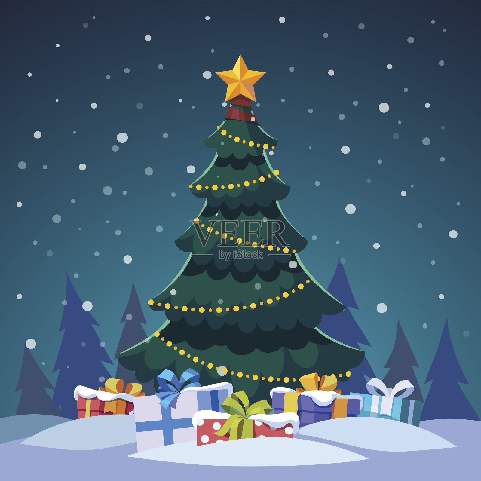 星星和灯泡链装饰圣诞树插画图片素材