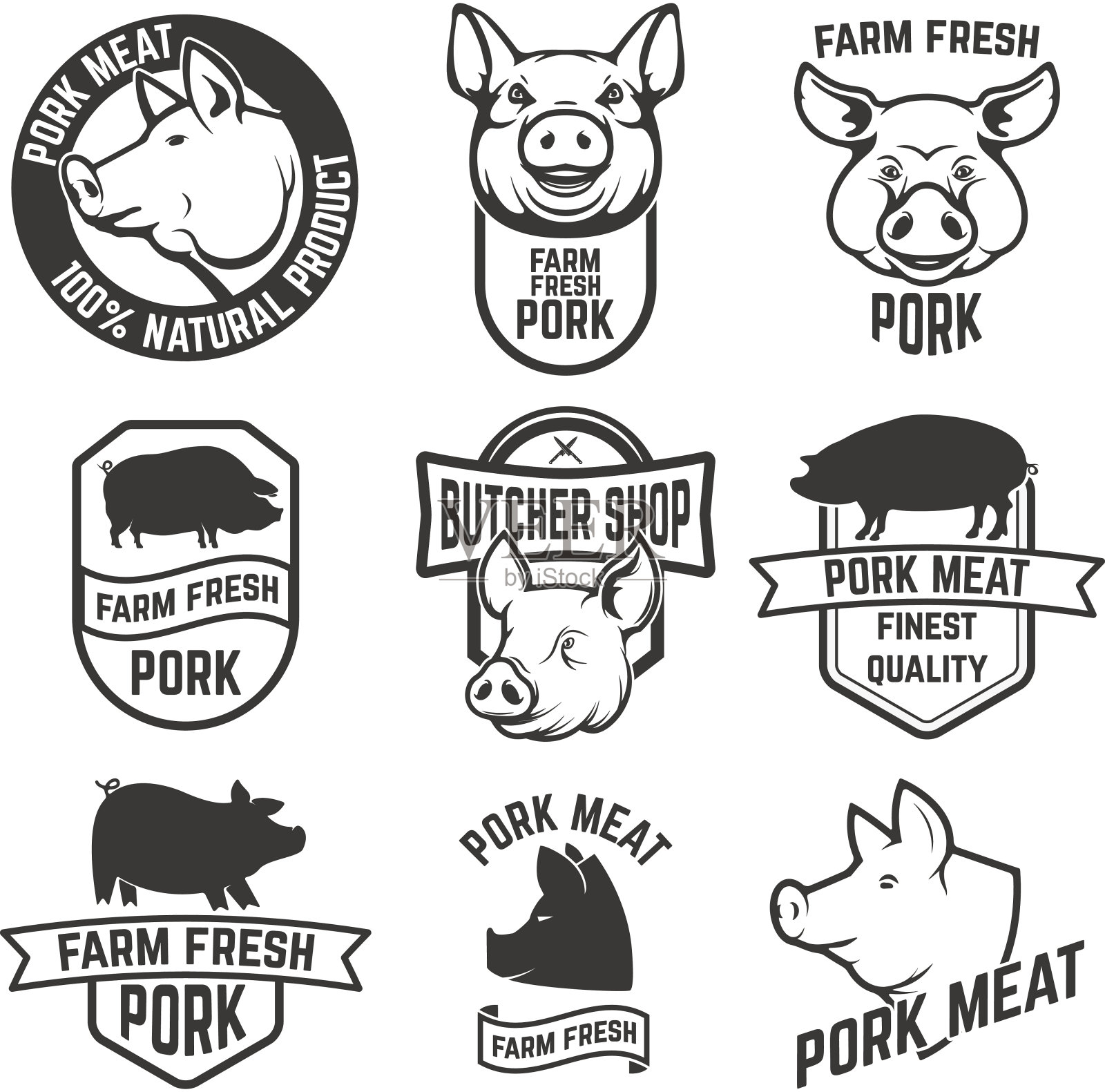 猪肉标签。猪的剪影和头。设计元素插画图片素材