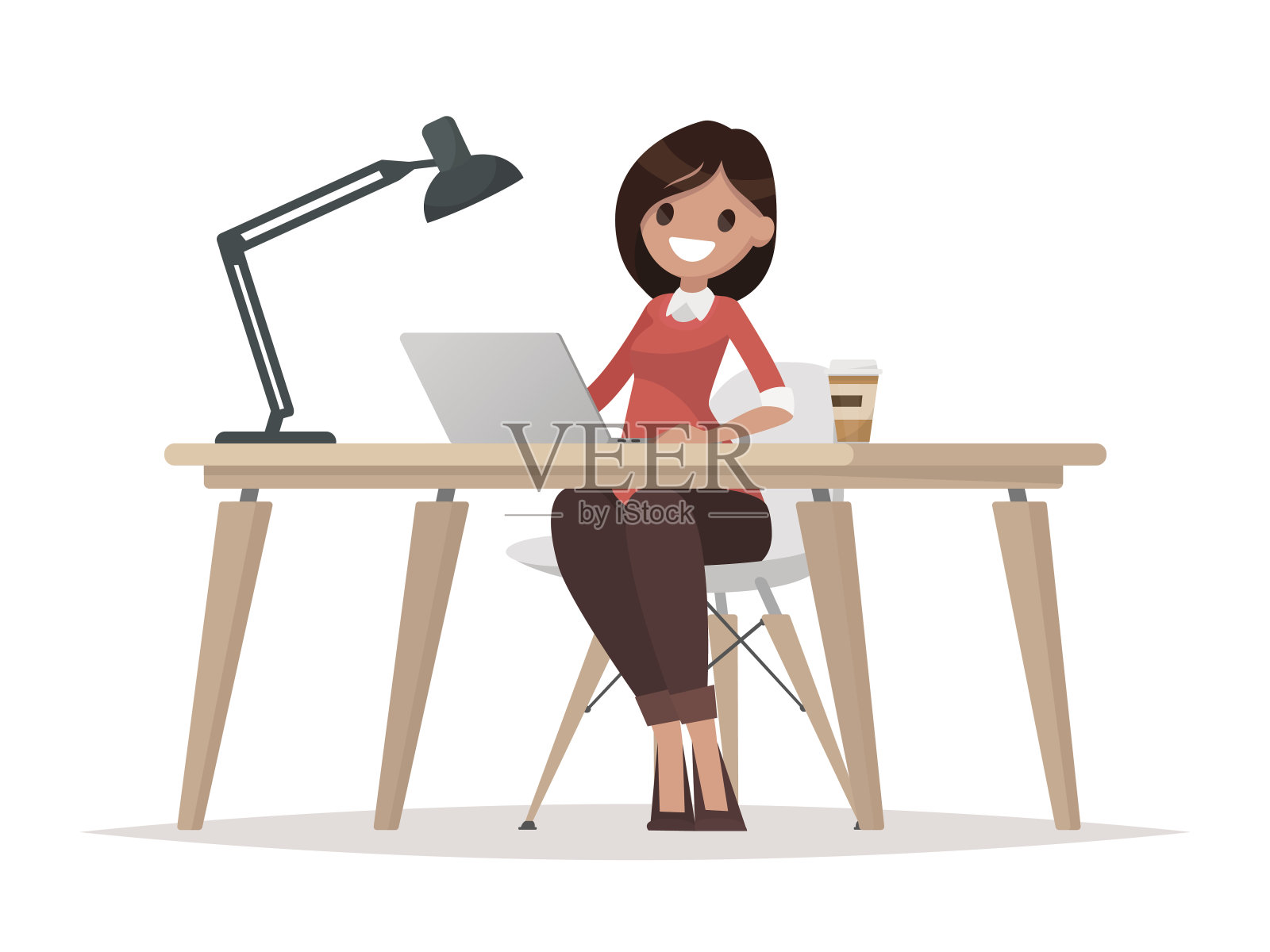 商务女性在办公桌上用手提电脑工作插画图片素材