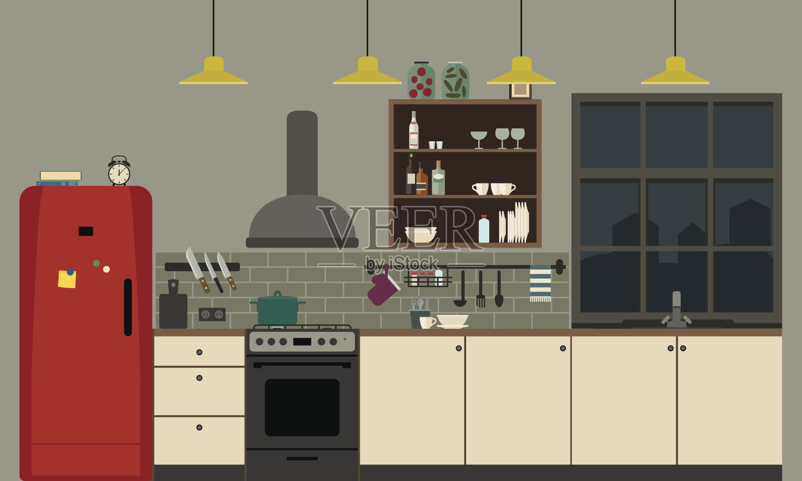 厨房内部为扁平风格。插画图片素材