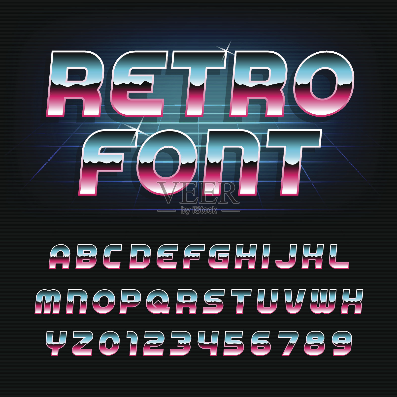80年代的复古字母表斜体字体设计元素图片