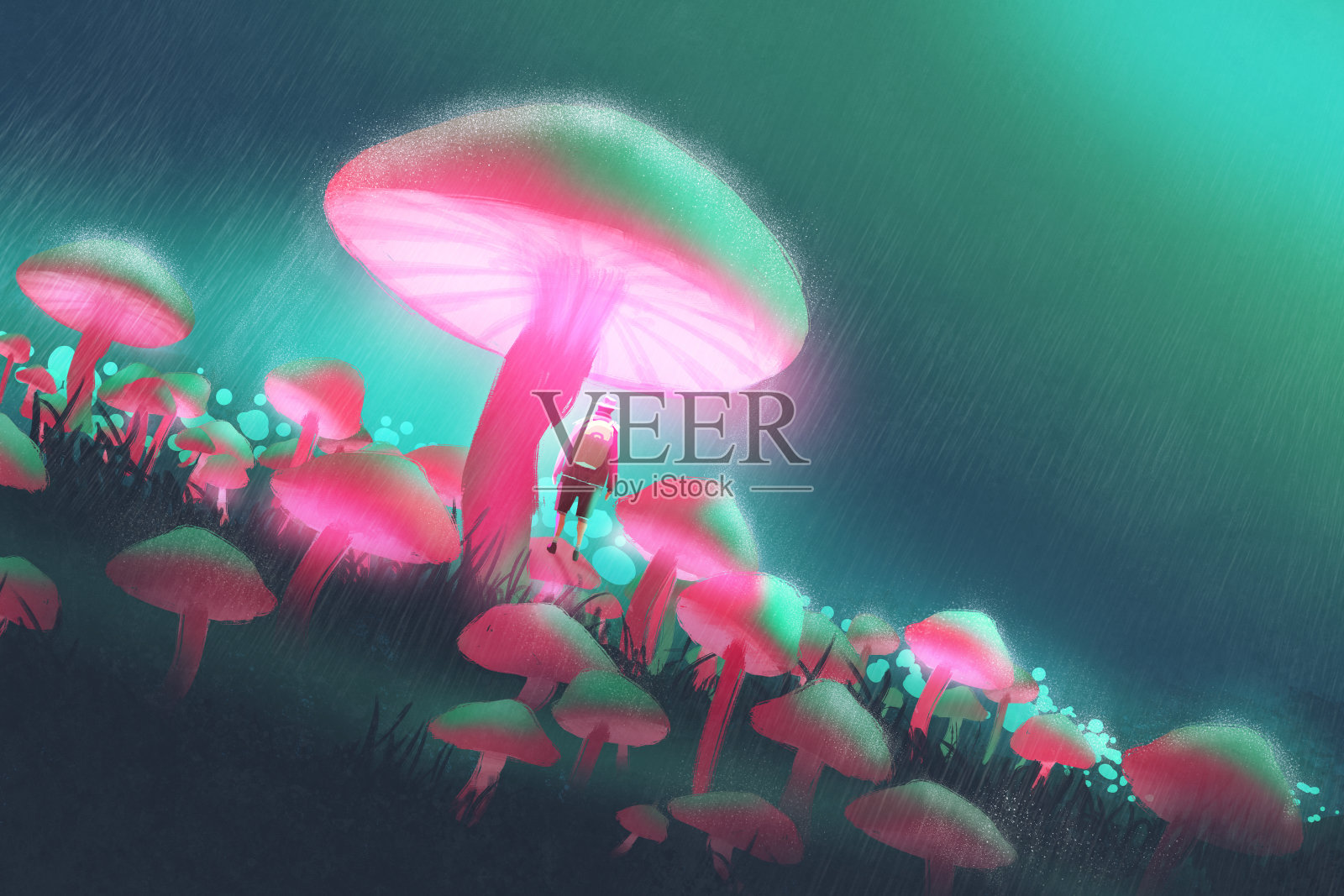 大蘑菇森林里的徒步旅行者插画图片素材