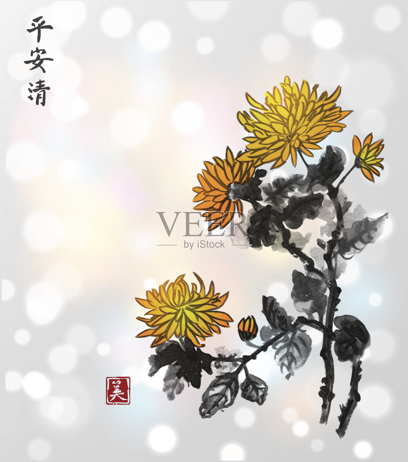 菊花在白亮的背景上。传统东方水墨画插画图片素材