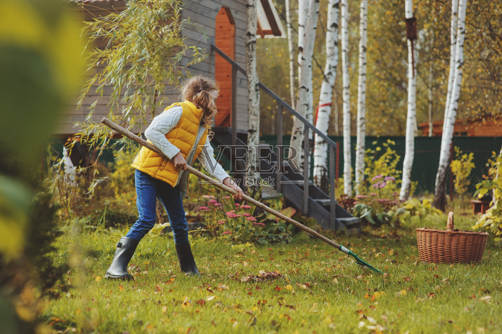小女孩在秋天玩小园丁摘树叶照片摄影图片