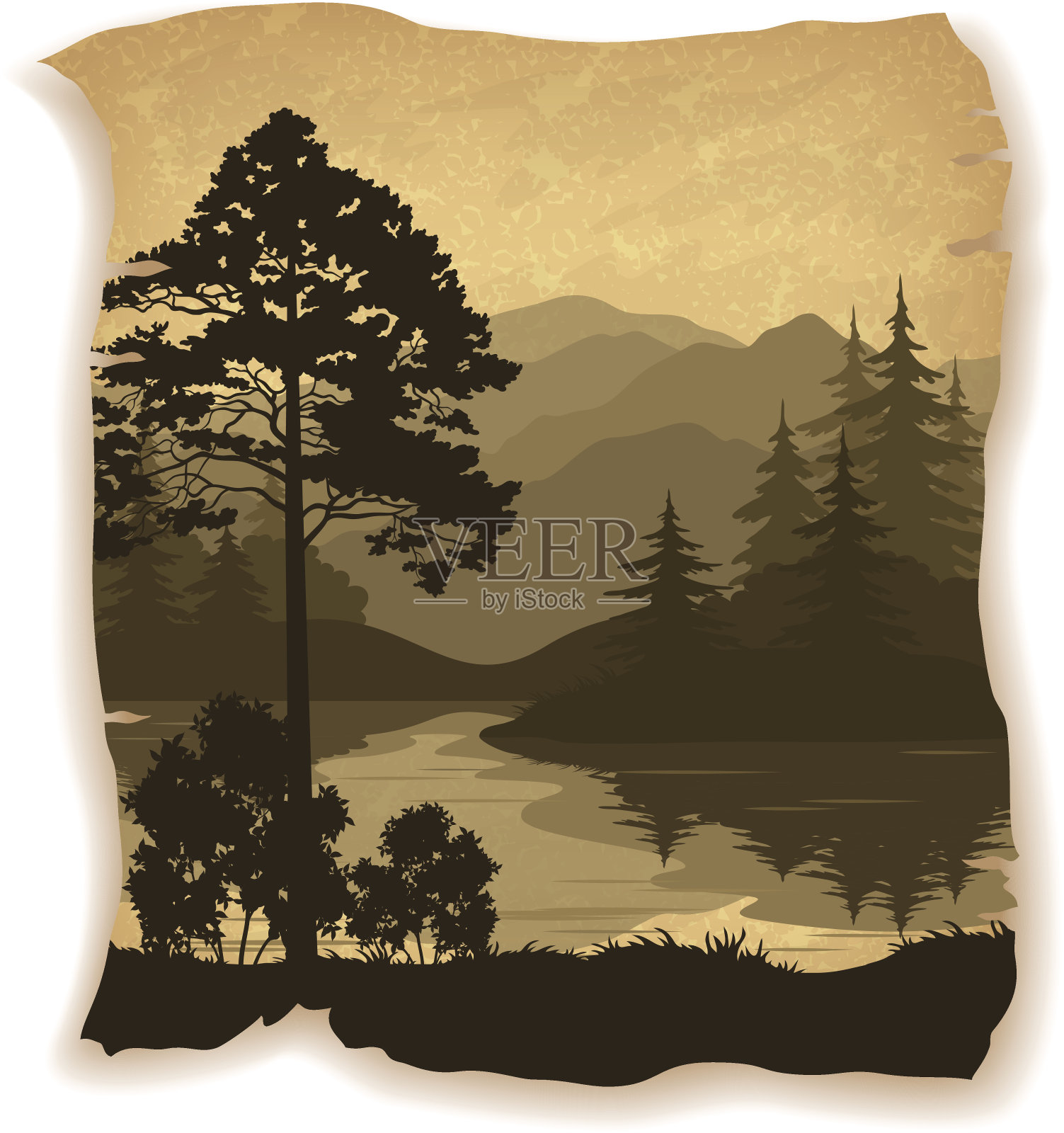 风景，树木，河流和山脉插画图片素材