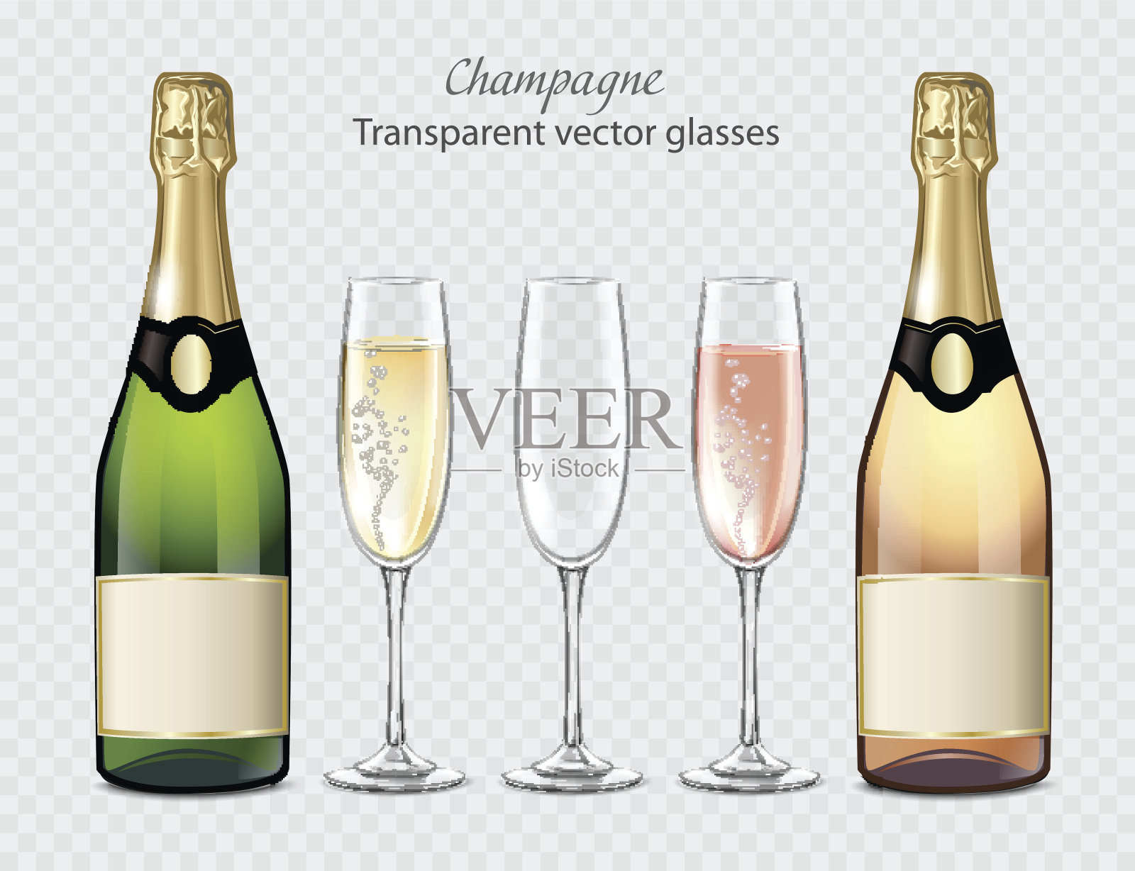 透明的矢量杯和香槟瓶和空杯子插画图片素材