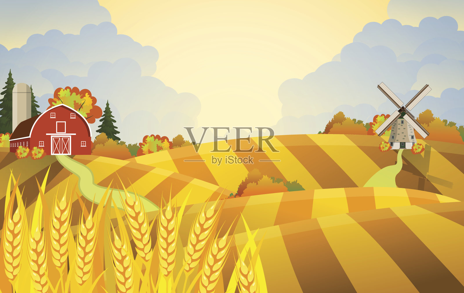 卡通美丽的秋天农场场景插画图片素材