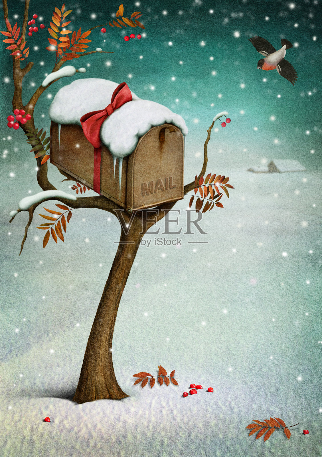 邮箱在冬天的森林。设计模板素材