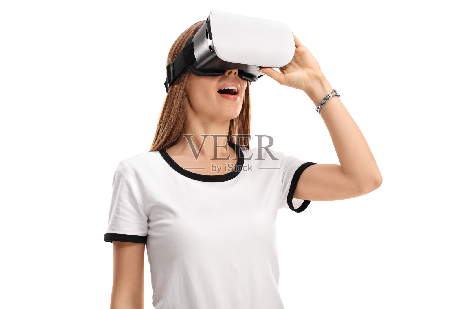 戴着虚拟现实耳机的女人照片摄影图片