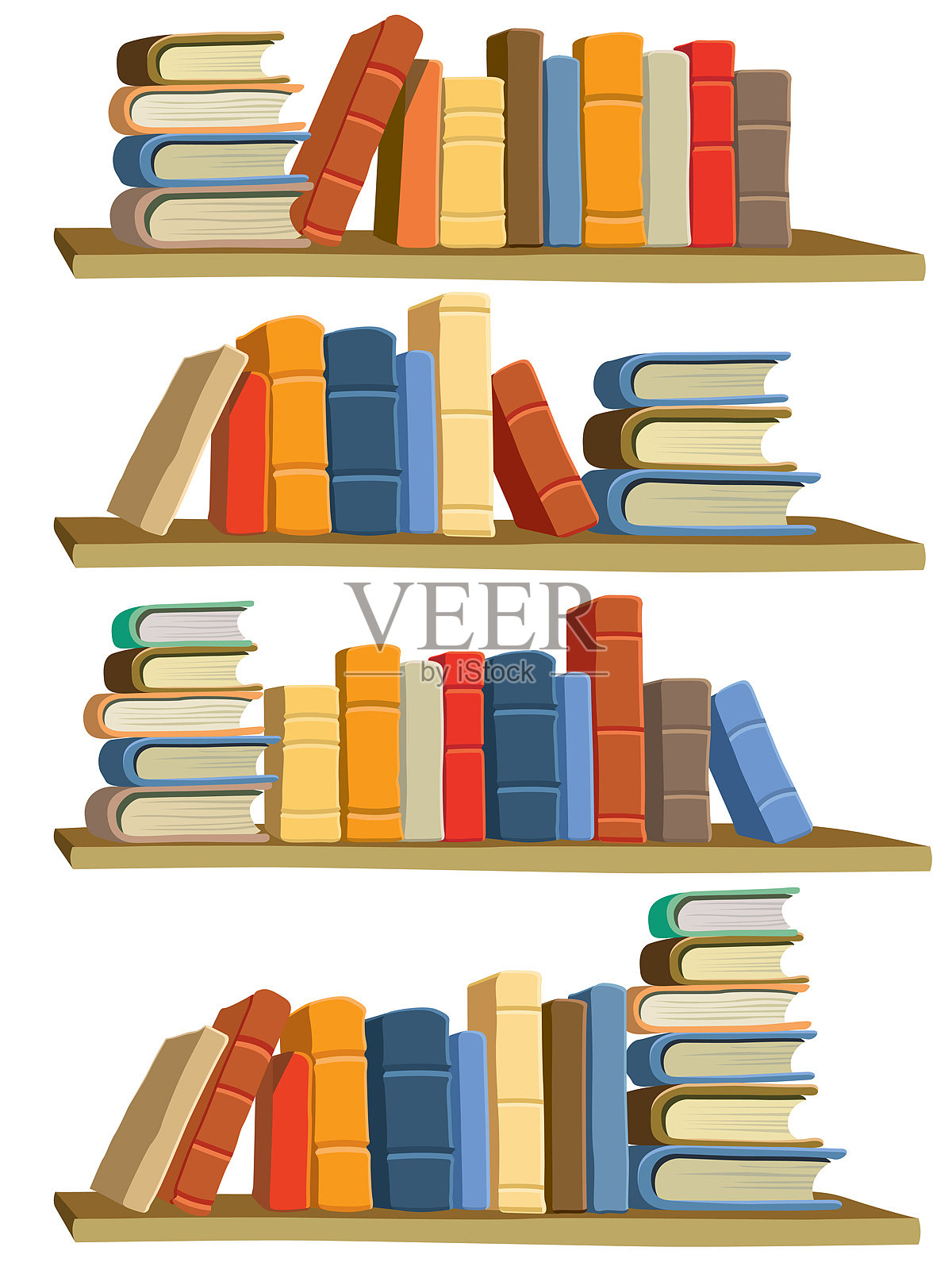 四个书架上不同颜色的书的插图插画图片素材