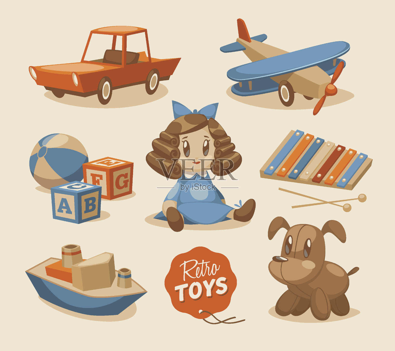复古儿童玩具和娃娃的图形插画图片素材