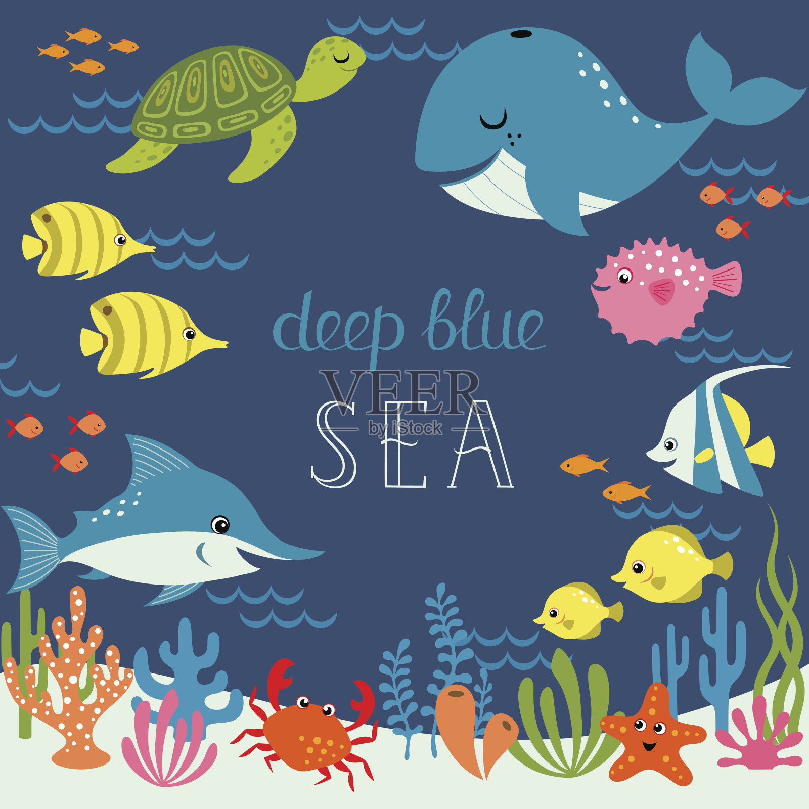 可爱的深蓝色大海插画图片素材
