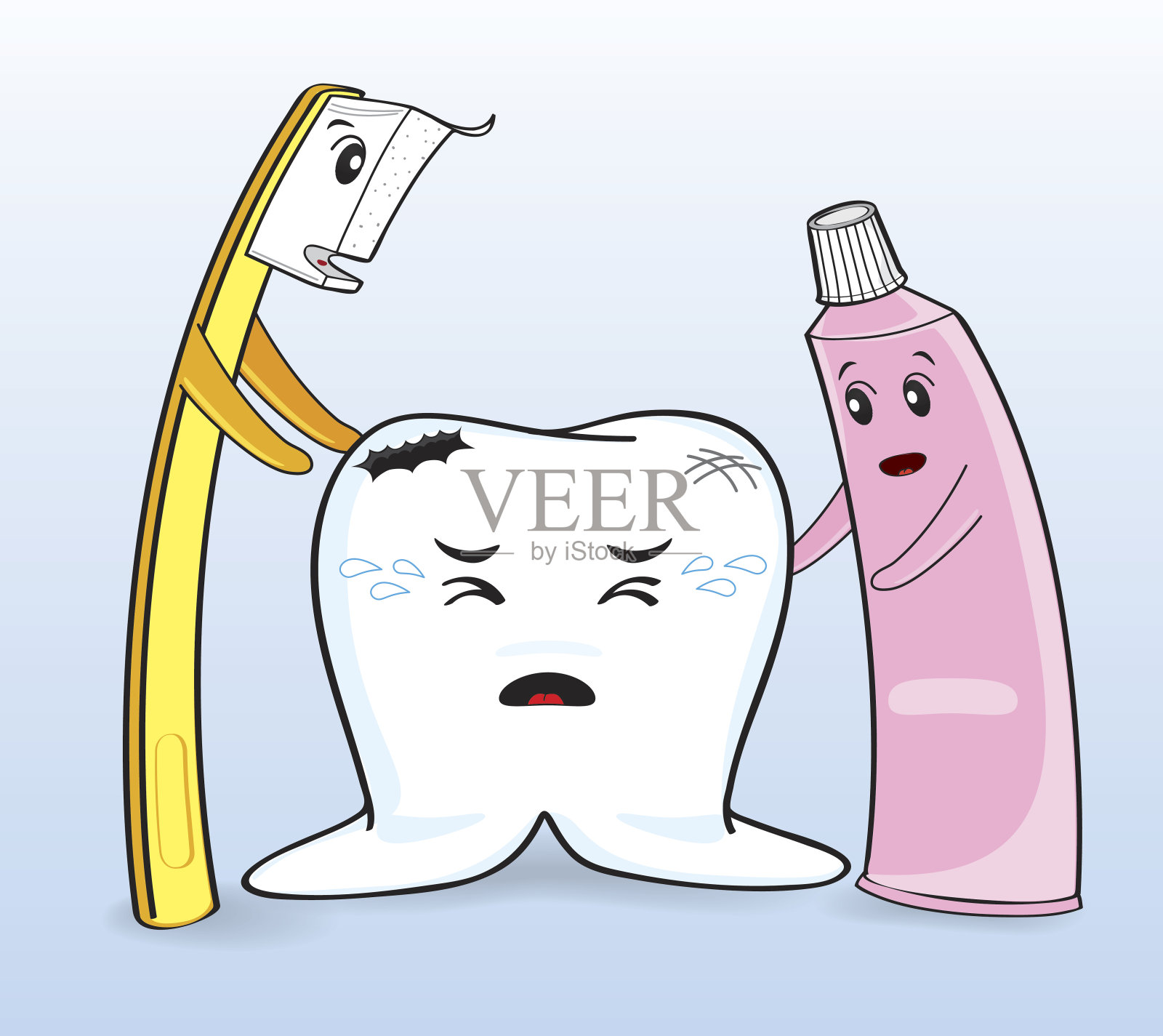 卡通人物牙齿受伤和牙刷用牙膏插画图片素材