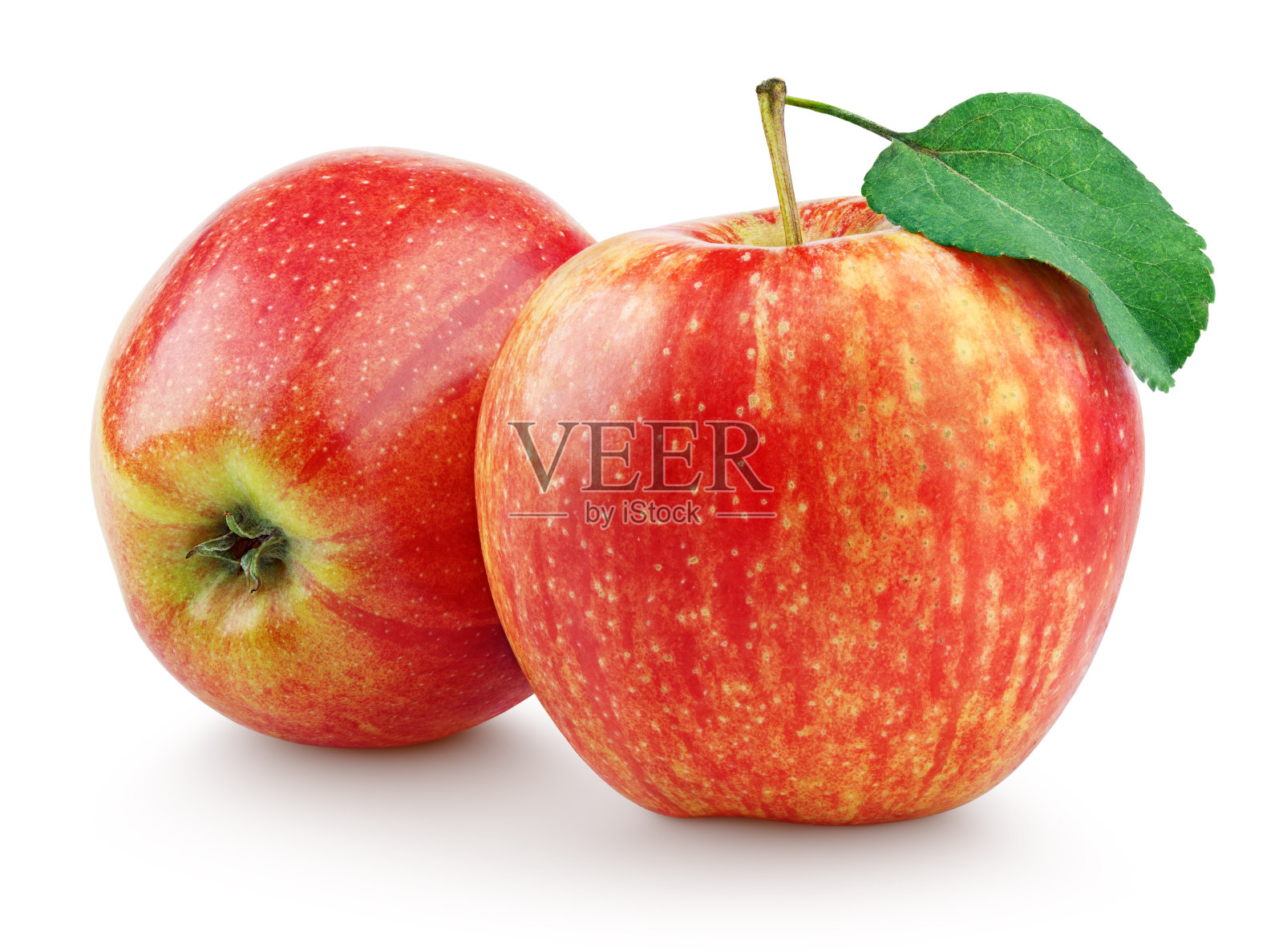 两个红苹果，叶子孤立在白色上照片摄影图片