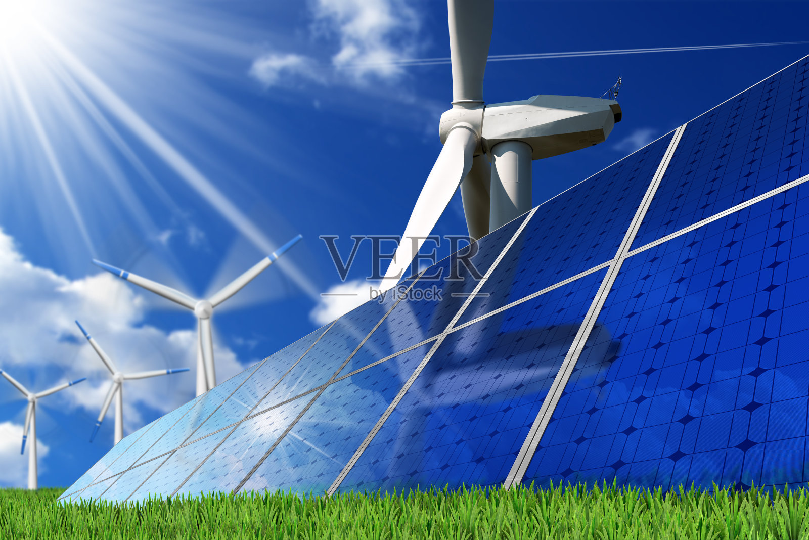太阳能电池板和风力涡轮机照片摄影图片
