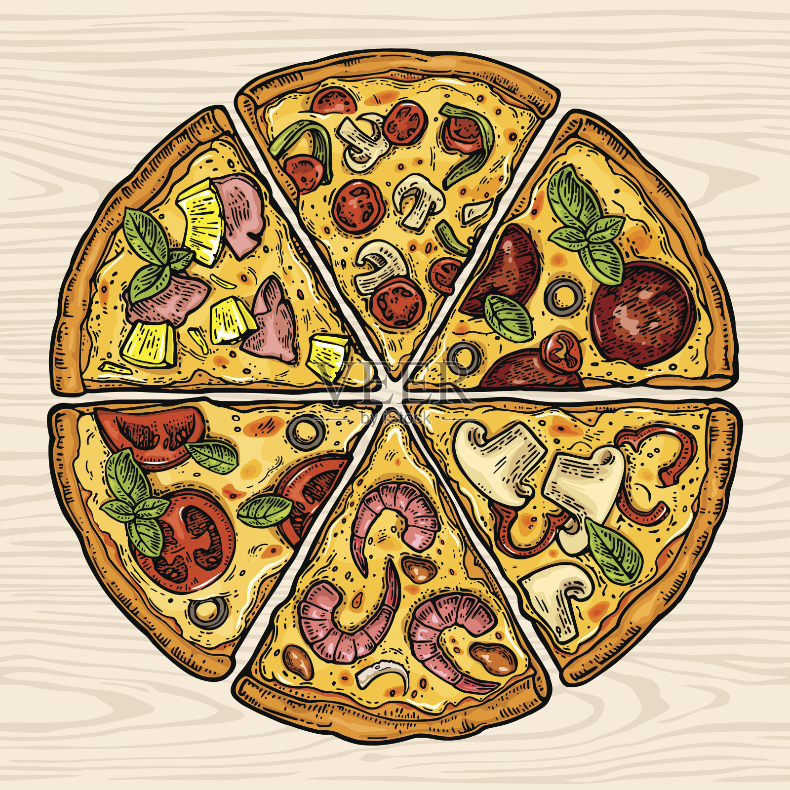 方形海报与单色和彩色的切片披萨设计元素图片