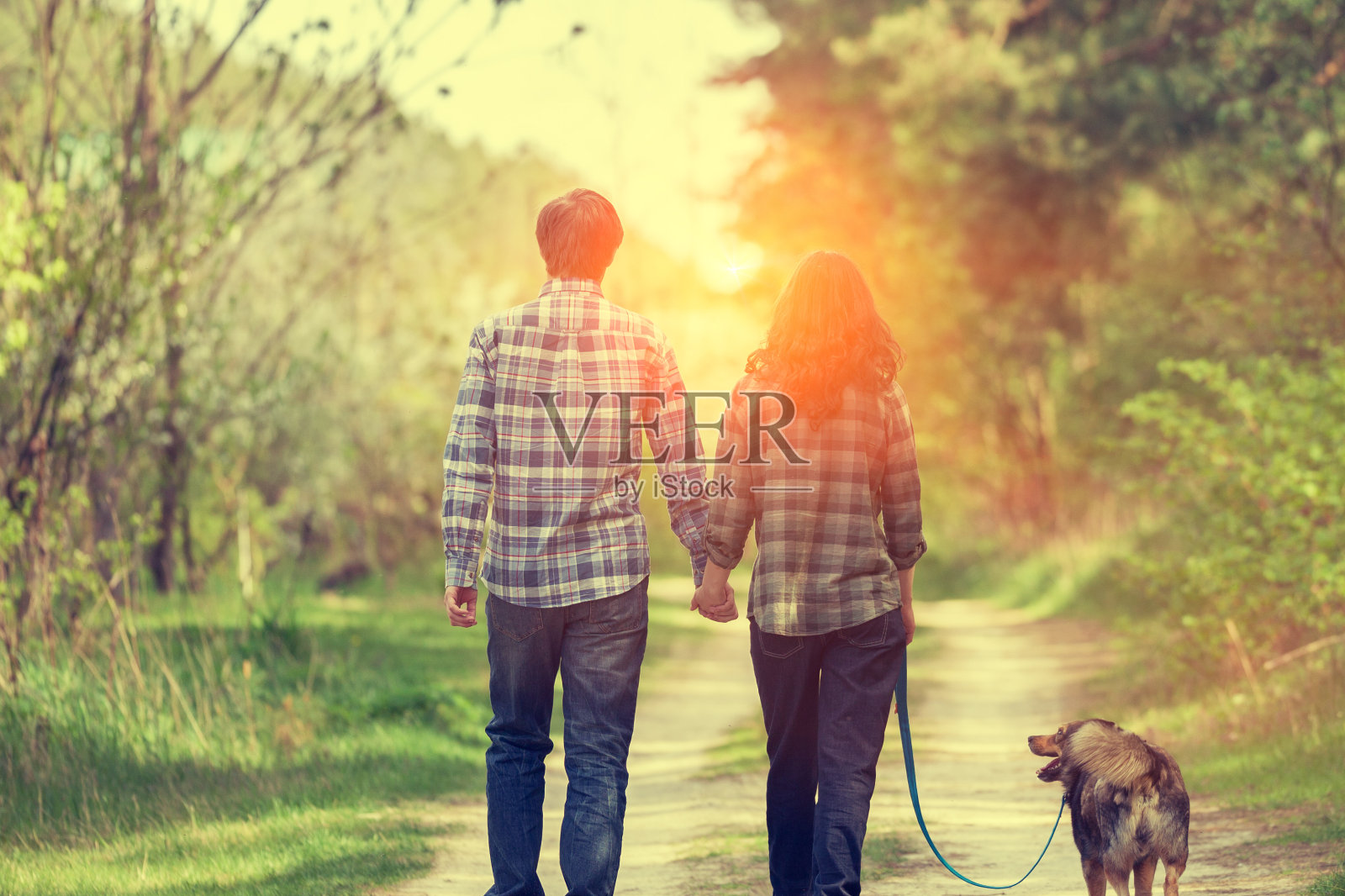 幸福的夫妇与狗散步在农村的道路在日落。照片摄影图片