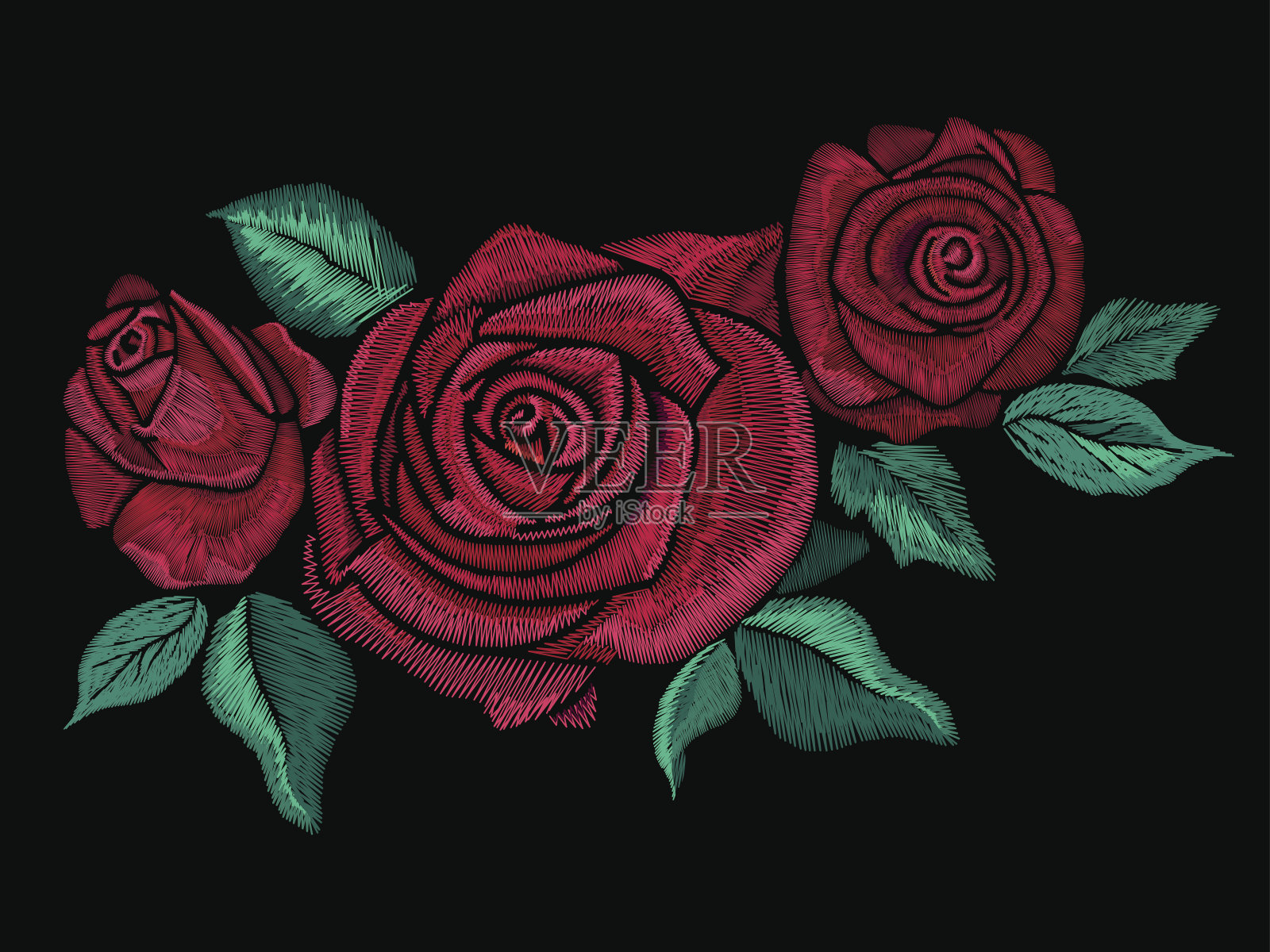 刺绣彩色花卉图案与简化玫瑰。插画图片素材