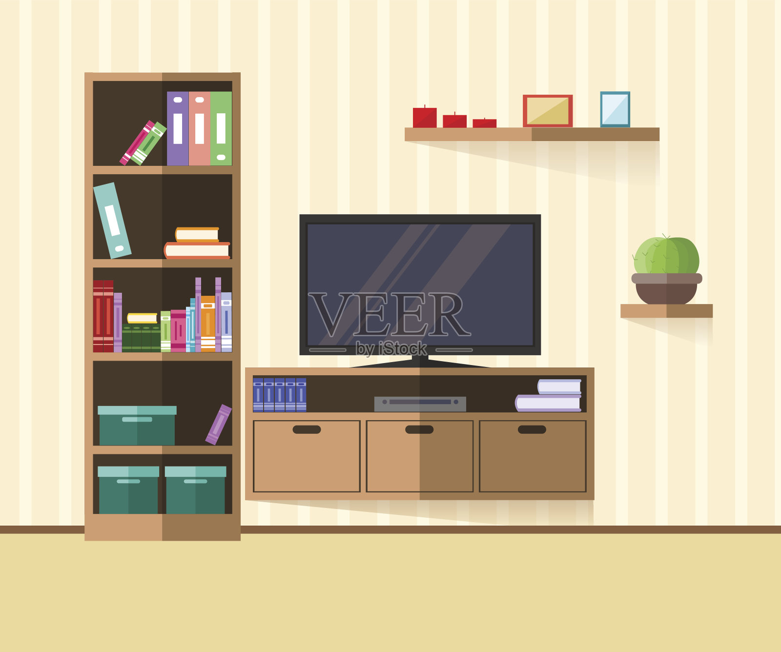 平面风格设计电视专区。室内客厅配有家具、电视和架子。矢量图插画图片素材
