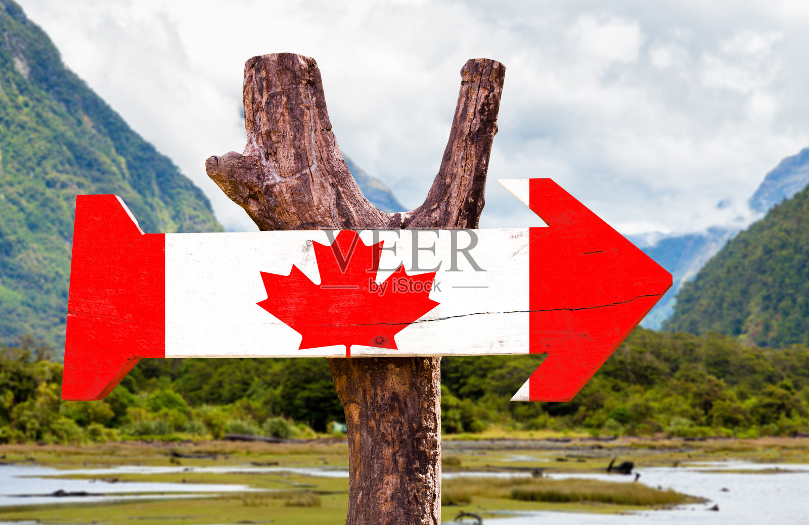 加拿大木制标志与山脉背景照片摄影图片