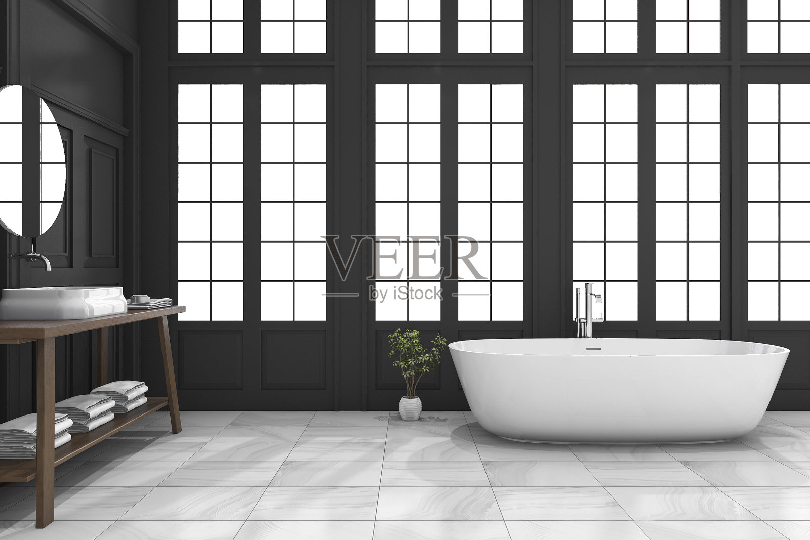3d渲染黑色经典浴室与豪华风格靠近窗户照片摄影图片