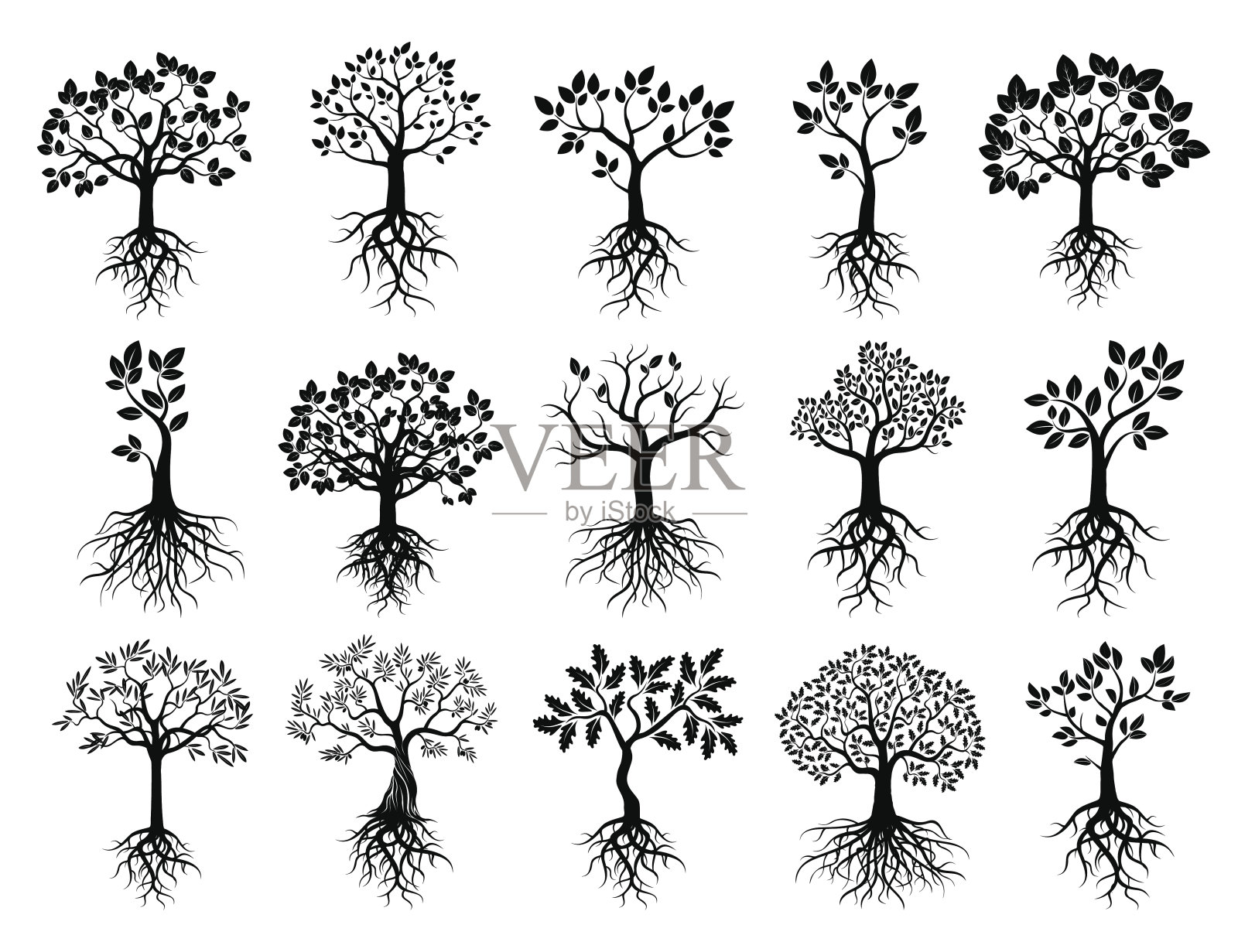 一组黑色的树和根设计元素图片