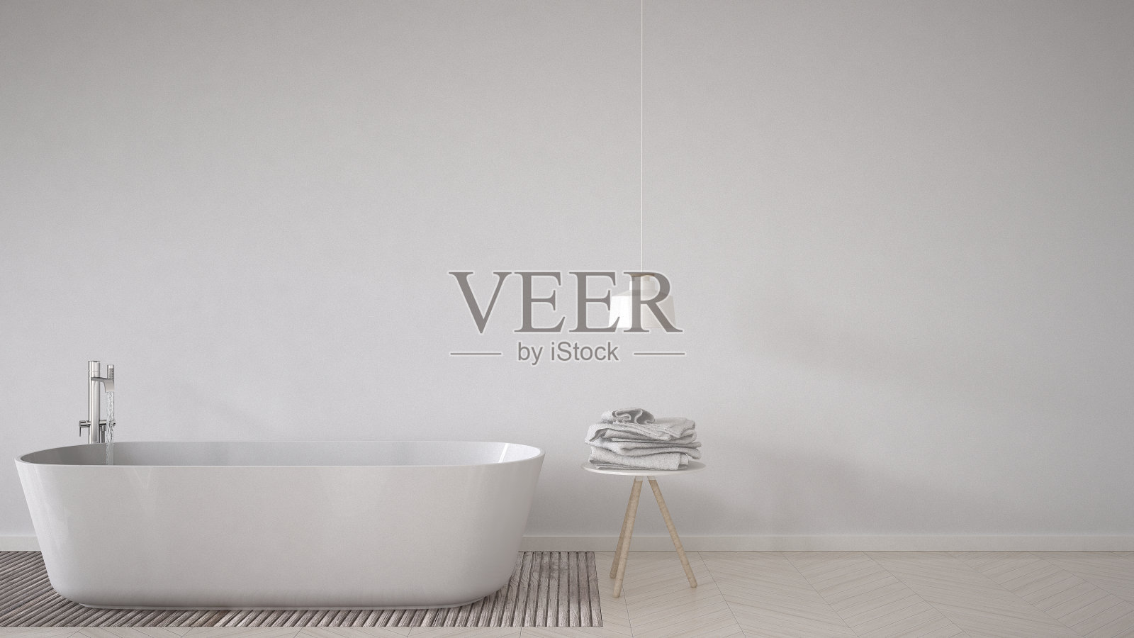 斯堪的纳维亚浴室背景，浴缸，桌子和灯人字形天然拼花地板，室内设计照片摄影图片